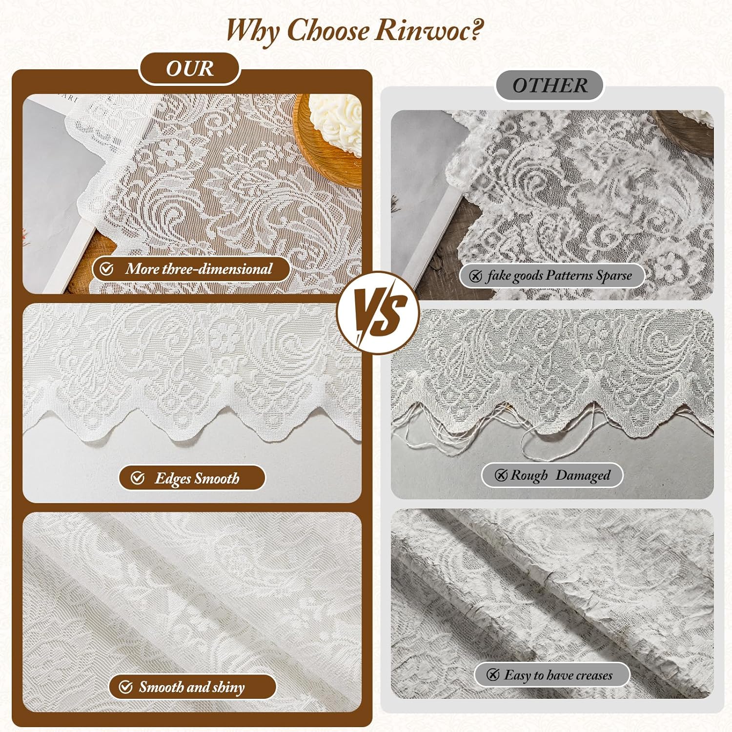 Vintage Lace Sheer Curtains 63" 2 Panels White, Elegant Floral Soft Fabric, Scalloped Edge, Easy Install Rod Pocket Drapes for Bedroom Living Room & French — image 5