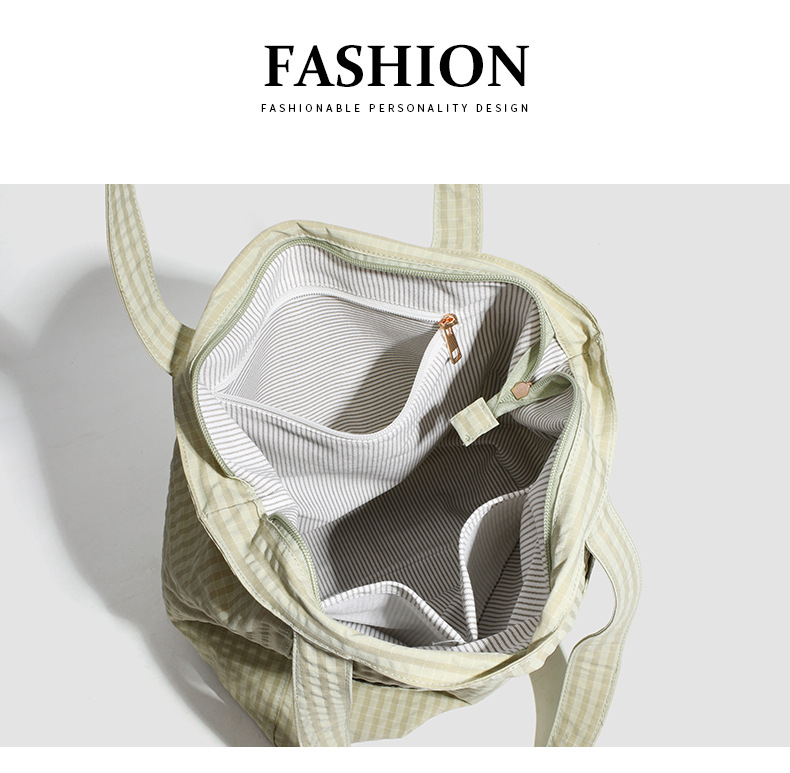 Beige Stylish Lightweight Seersucker Gingham Tote Bag - Spacious Multi-Pocket Shoulder Bag with Zipper — image 4