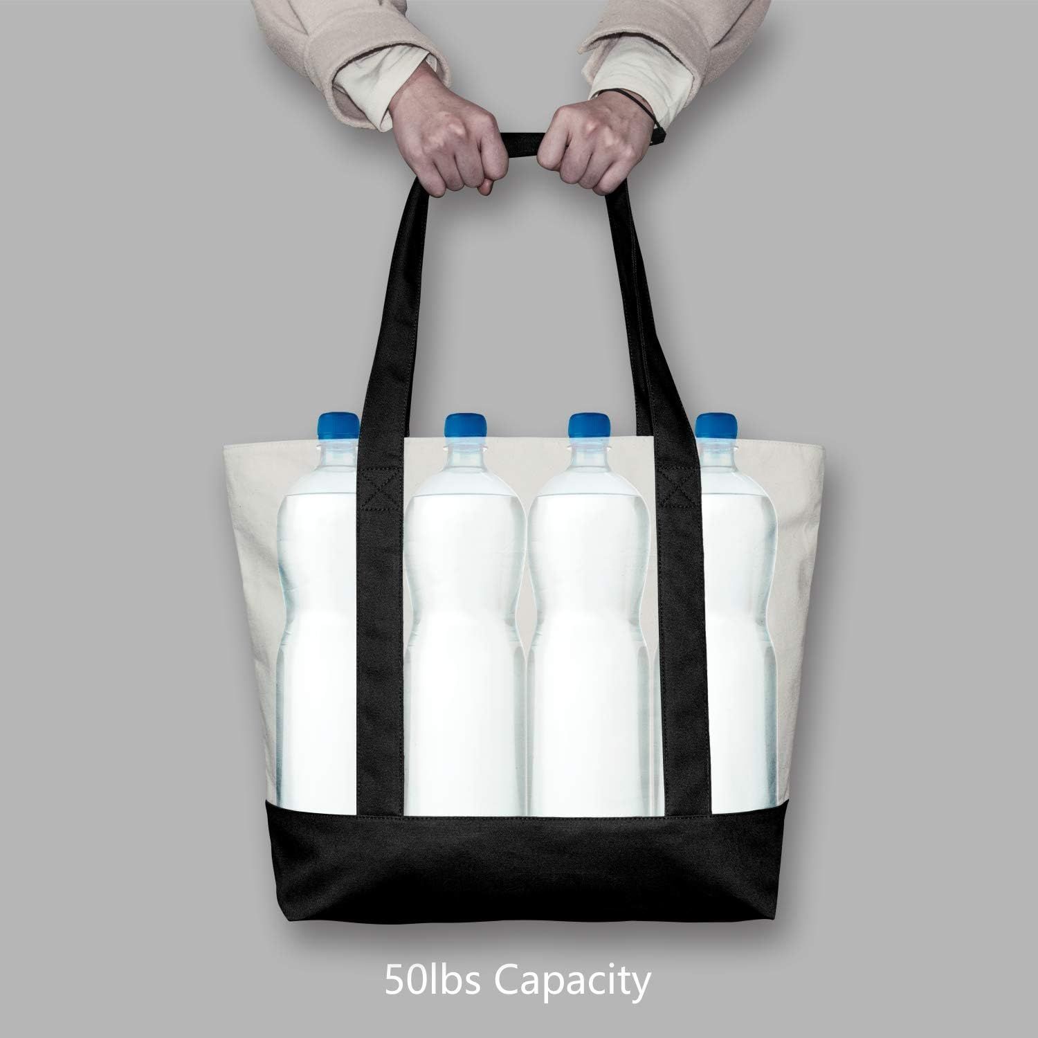1 | 3 | 6 | 30 Pack Canvas Tote Bag with an External Pocket, Reusable Grocery Shopping Bag, Top Zipper Closure, Daily Essentials (Black/Natural Pack of 1) — image 6