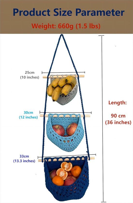 3 Tier Hanging Fruit And Vegetable Basket, Removable Woven Cotton Rope Wall Organizer For Kitchen Storage, Blue And Gray — image 3