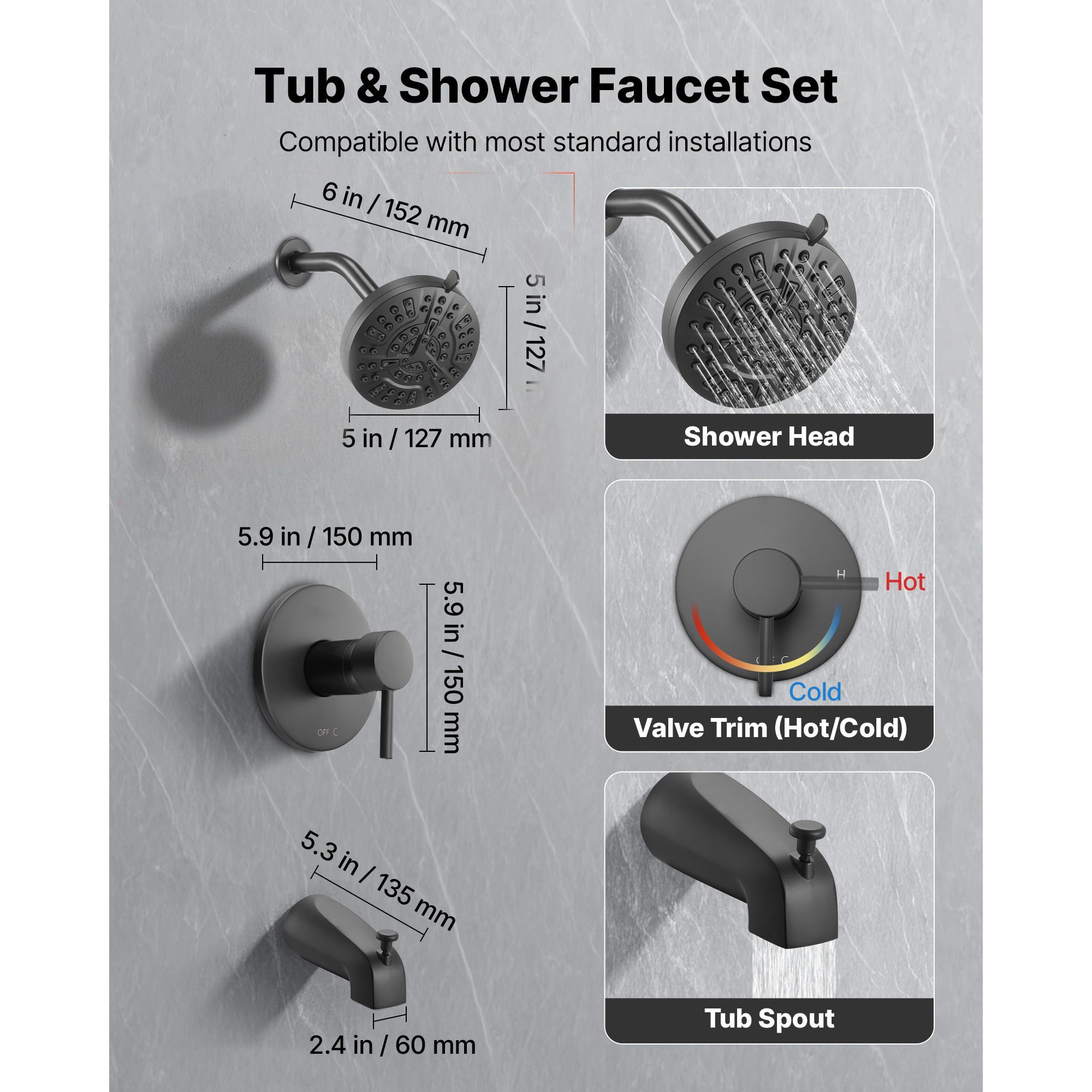 Tub and Shower Faucet Set, Complete with 127 mm Rainfall Shower Head and Bathtub Spout, 8-Setting Adjustable Spray, Single-Handle Tub Trim Kit with Brass — image 2