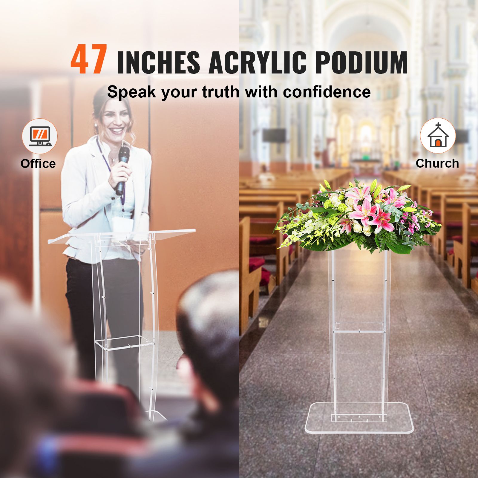 Acrylic Podium, 47" Tall, Clear Acrylic Podium Stand with Wide Reading Surface & Storage Shelf, Floor-standing Clear Pulpits Acrylic for Church Office School โ image 2