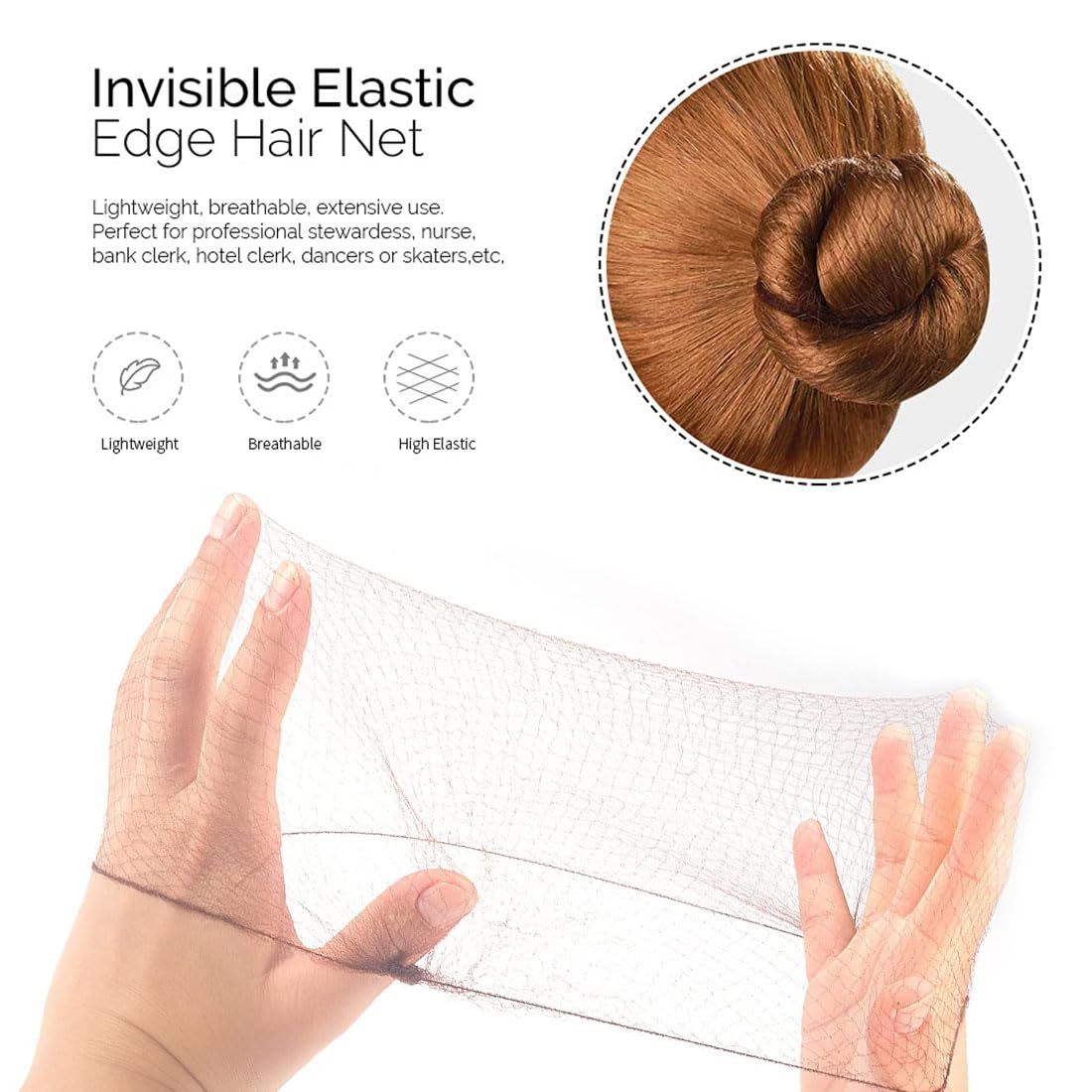 50PCS Hair Nets Invisible Elastic Edge Mesh Bun Hair Nets for Ballet Dance 20" Brown โ image 3