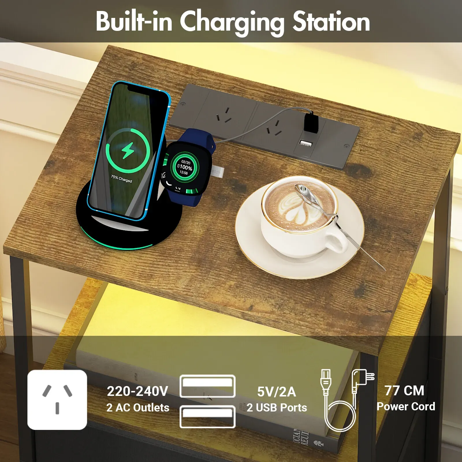 Black and Brown Nightstand with LED Light, Charging Station, and Storage - 60x40cm โ image 2