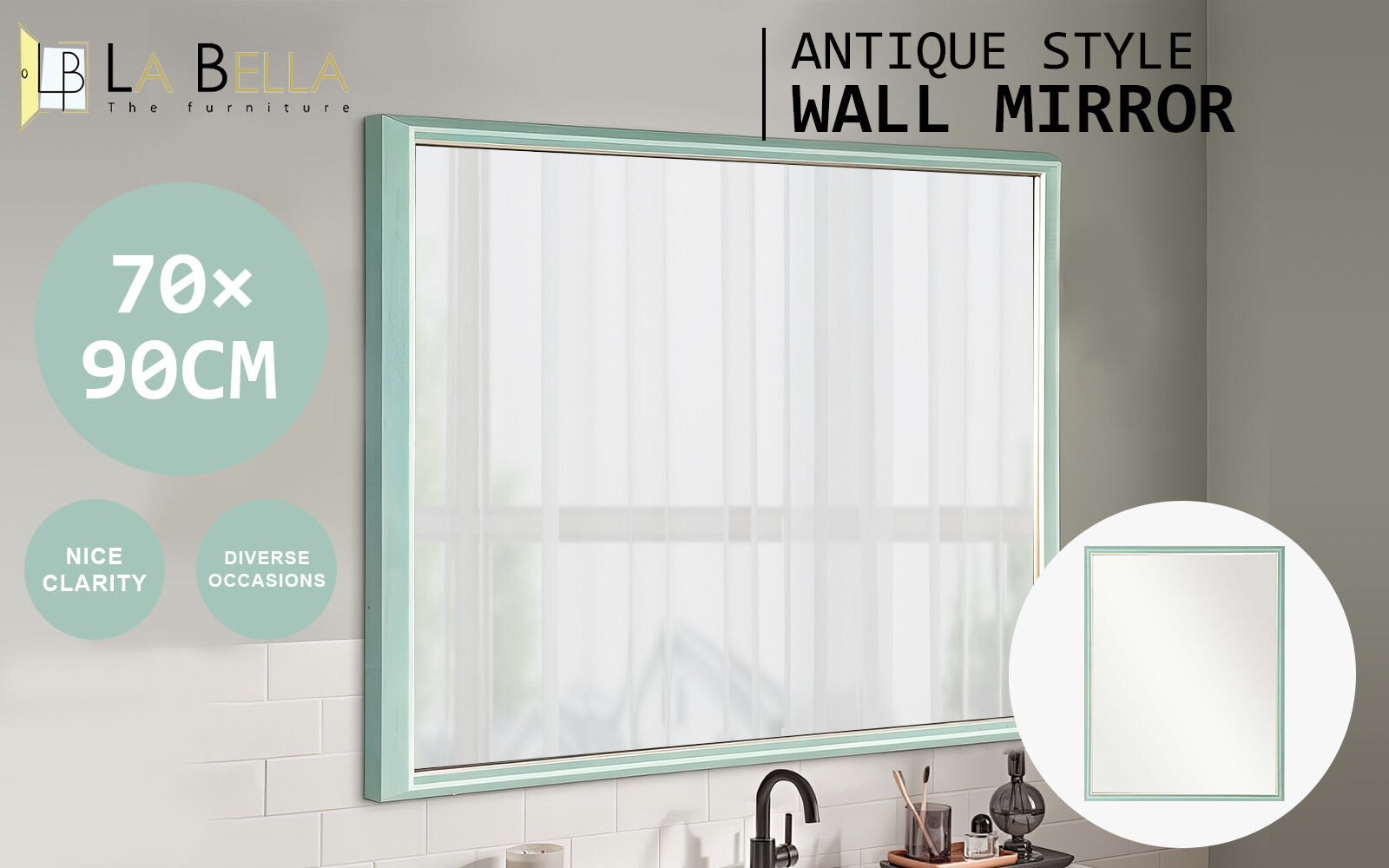Wall Mirror Rectangular Frame Bathroom 70 × 90cm Turquoise — image 2
