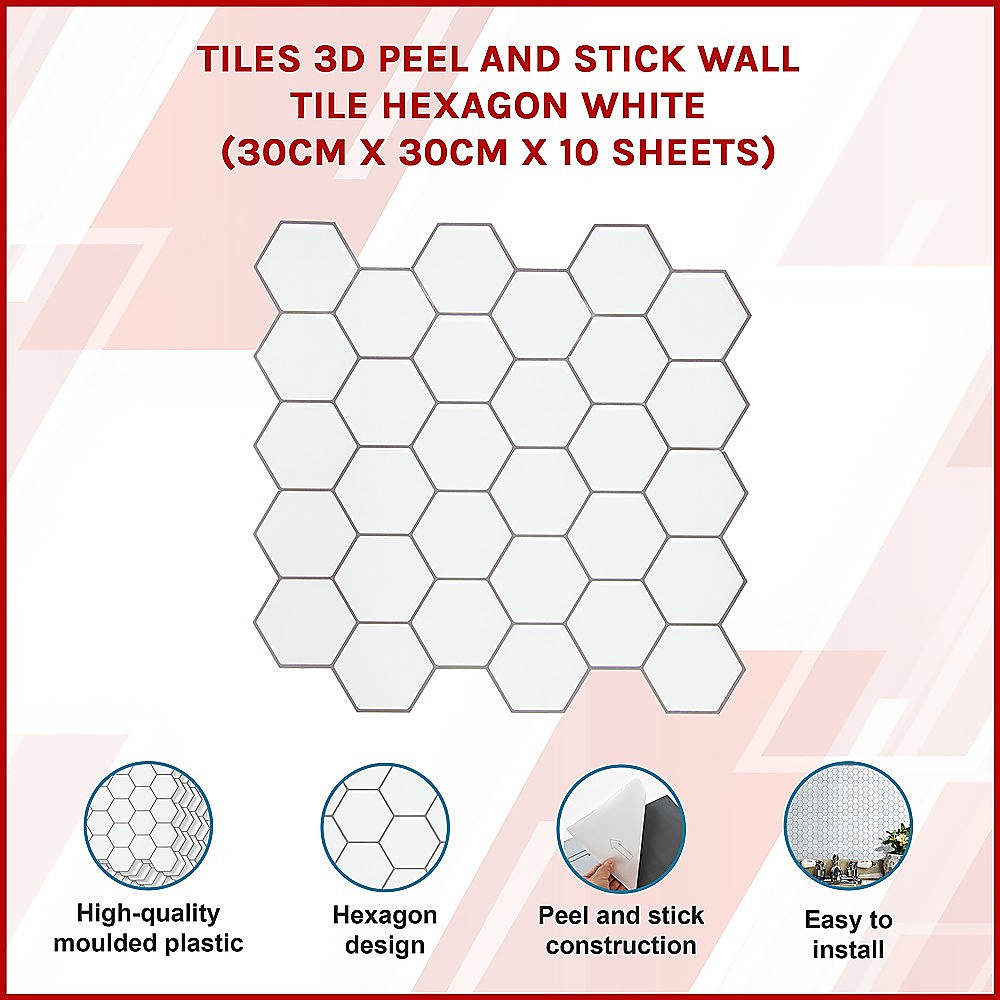 Tiles 3D Peel and Stick Wall Tile Hexagon White (30cm x 30cm x 10 sheets) โ image 3