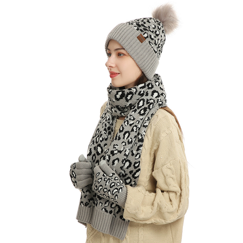 Light Grey Women's 3-Piece Winter Knit Set - Leopard Print Plush Lined Beanie Hat, Scarf & Touchscreen Gloves — image 2