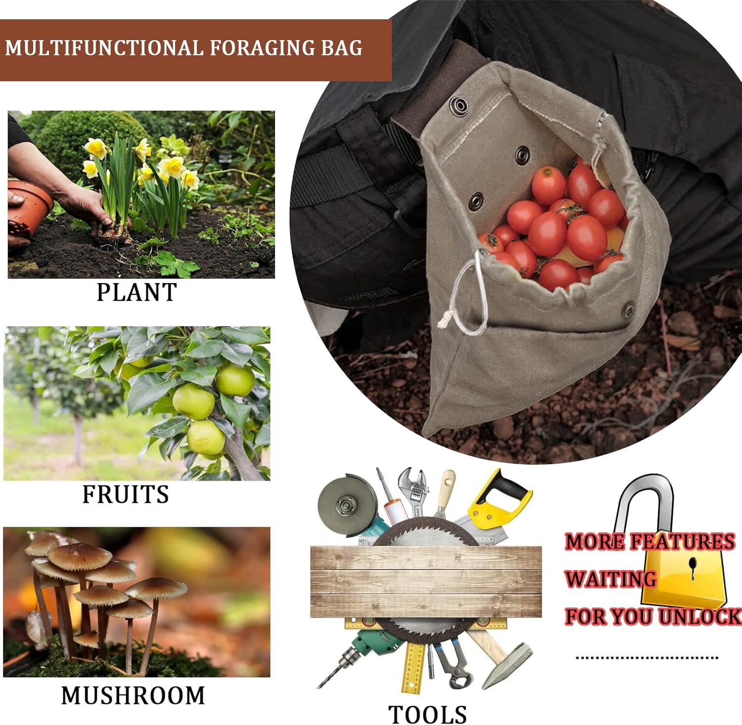 Foraging Pouch Leather Canvas Collapsible Bag Water Resistant Outdoor Camping Storage Folding Bag Mushroom Bags Bushcraft Belt Pouches for Travel Camping — image 2