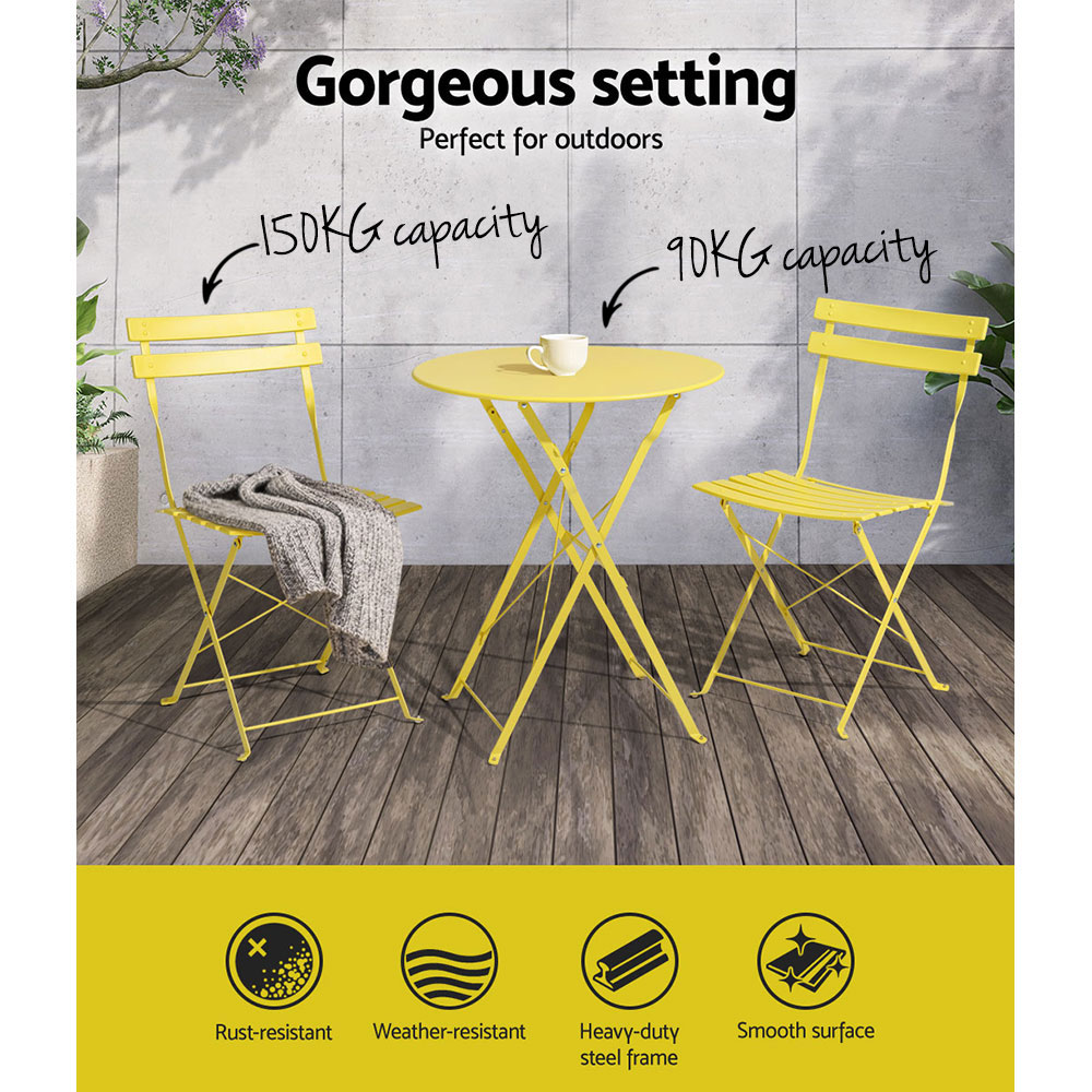 Gardeon 3PC Outdoor Bistro Set Steel Table and Chairs Patio Furniture Yellow — image 4
