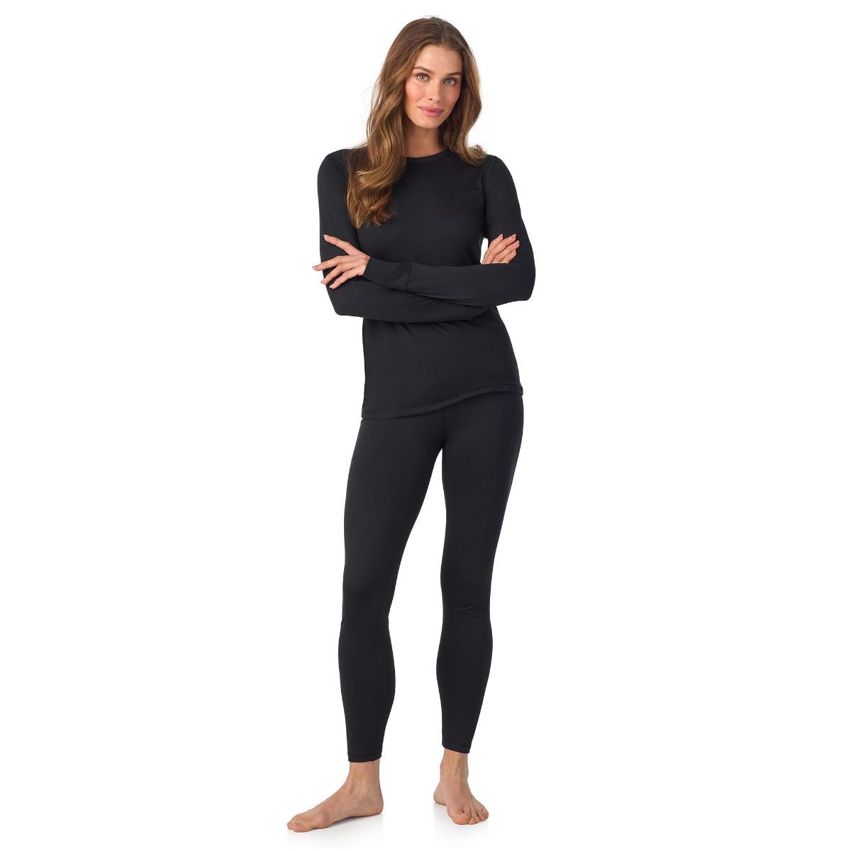 Cuddl Duds Womens Heavyweight Cold Weather Fleece Lined Thermal Set โ Long Sleeve Top & Leggings - Winter Lounge Sets - Black - Size M