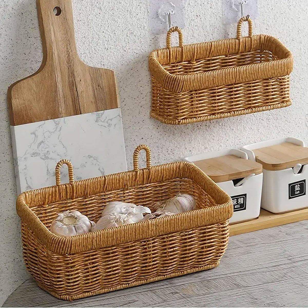 Wall-Mounted Rattan Style Hanging Storage Basket Kitchen Vegetable Fruit Basket - Small — image 5