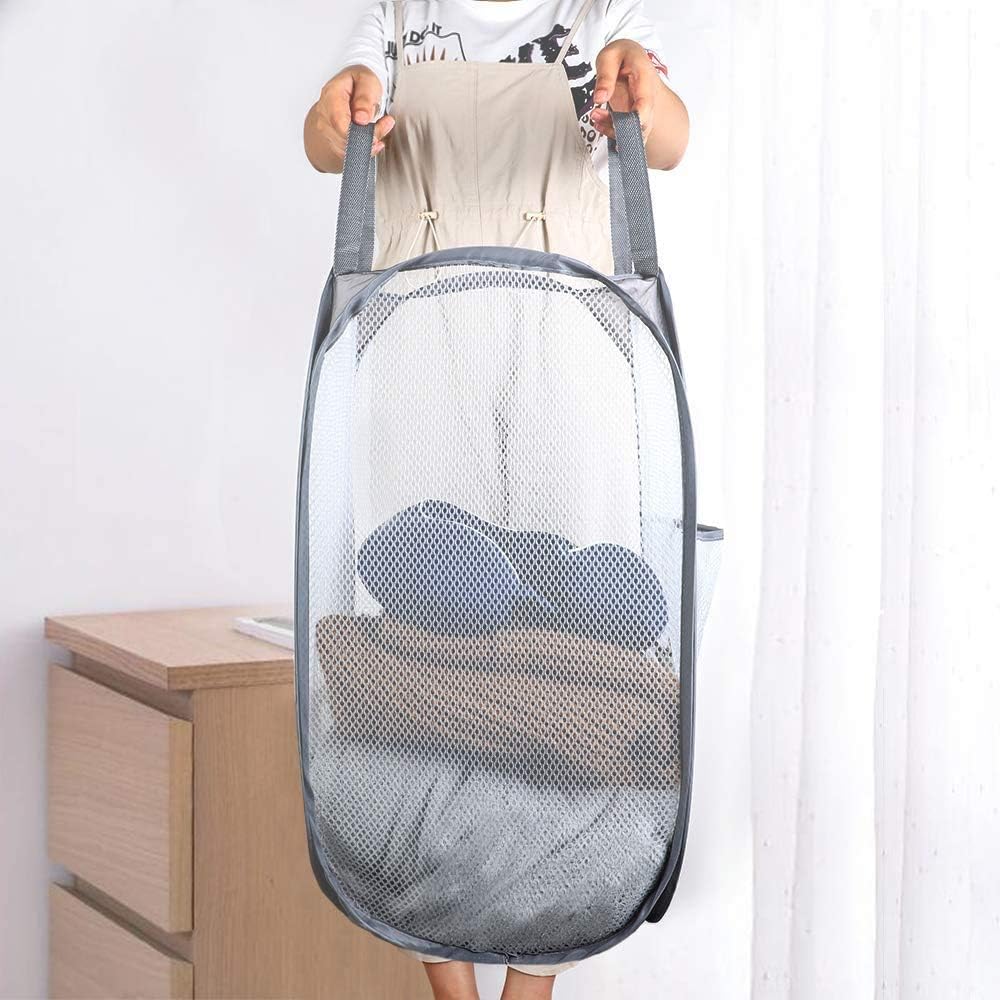 2 Pcs Popup Mesh Laundry Baskets, Collapsible and Portable Clothes Washing Laundry Hampers with Reinforced Carry Handles, Gray Clothes Hamper for Home, Travel — image 3