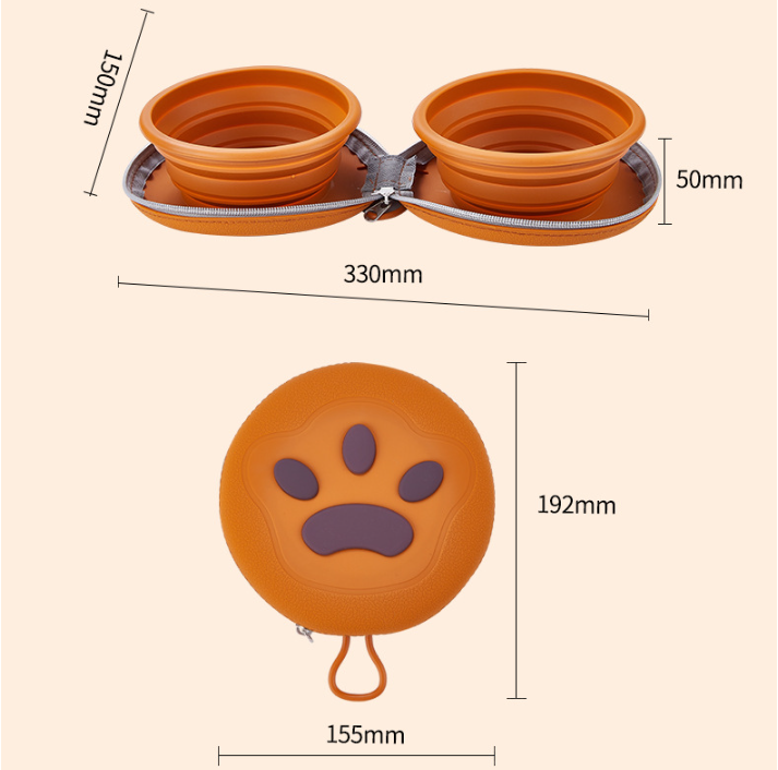 Brown-yellow Portable Collapsible Double Pet Bowls for Dogs and Cats - 2x 450ml Food Grade Silicone Travel Feeder with Zippered Paw Carrying Case - Lightweight โ image 2