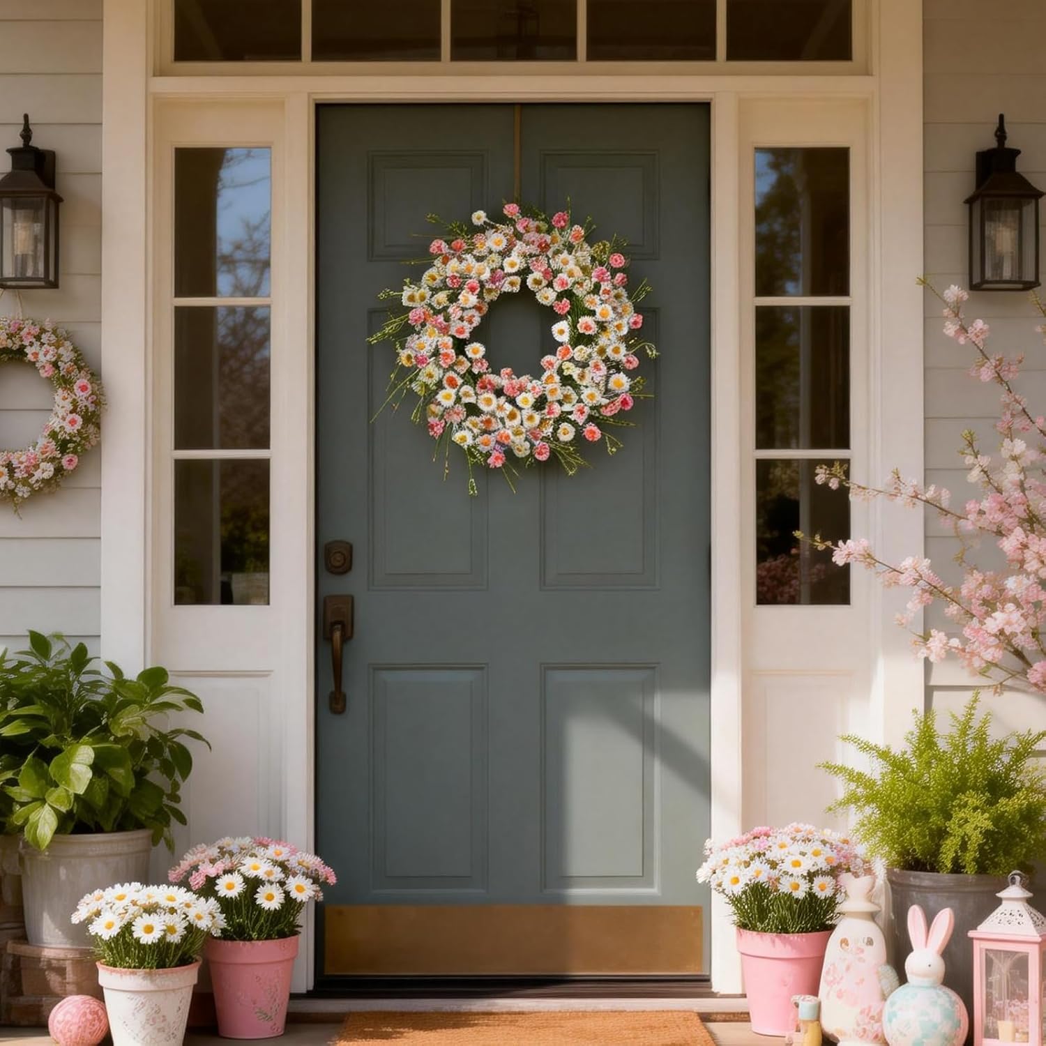 24 Inch Spring Wreaths for Front Door - Artificial Flower Wreath with Baby Pink & Cream Daisy, Summer Floral Wreath for Front Door, Farmhouse Spring Door โ image 4