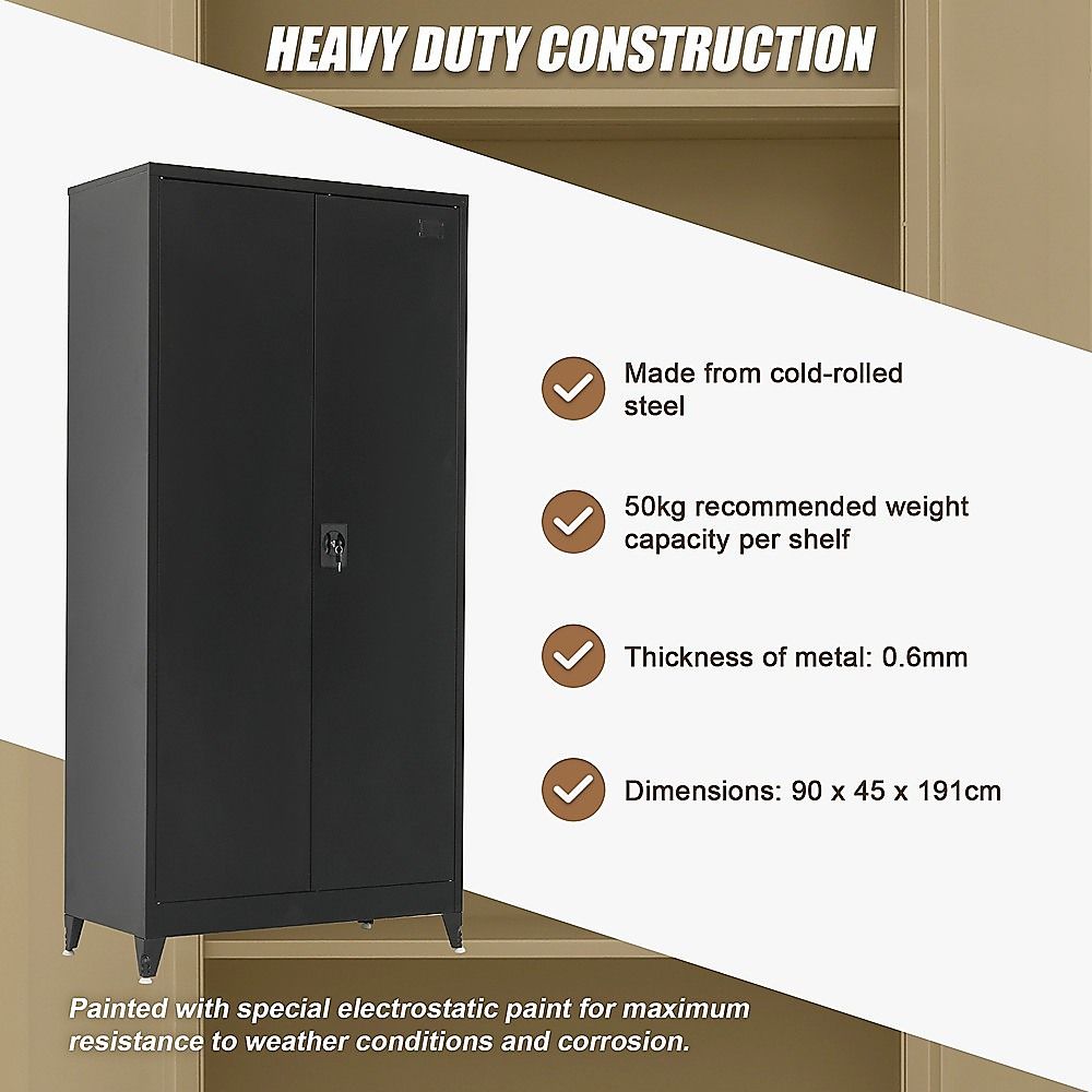 Black Two Door Metal Storage Cabinet with Legs Adjustable Shelf Lockable Steel Cupboard for Home Office Gym — image 6