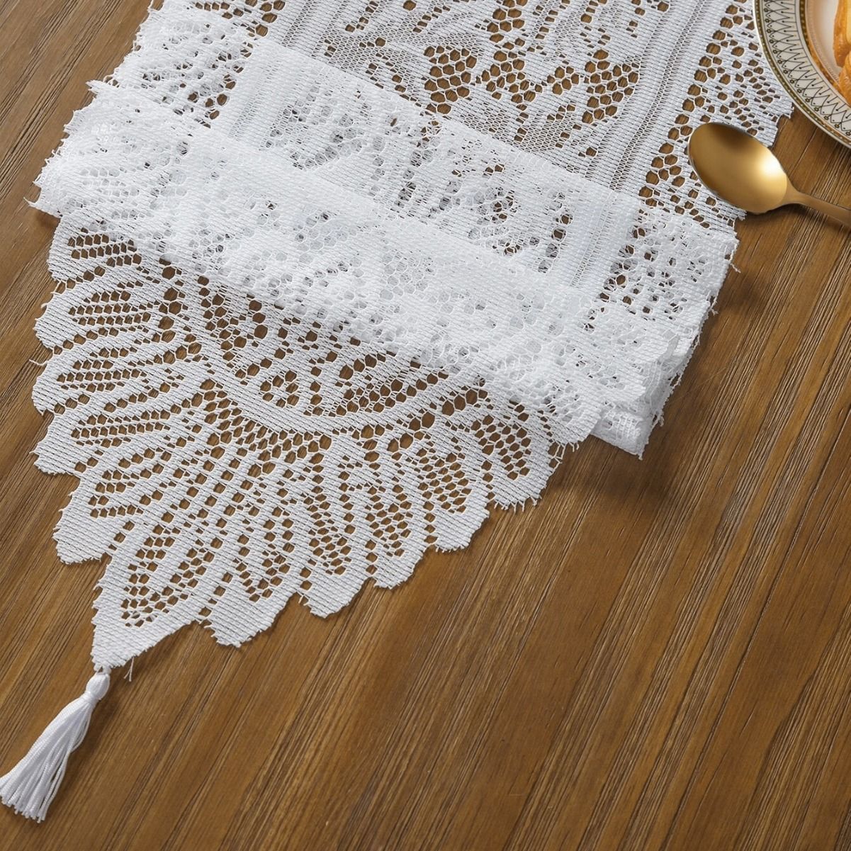 Long Lace Tassel Table Runner 33x183cm, White, Luxury Decor For Large Dining Tables — image 4