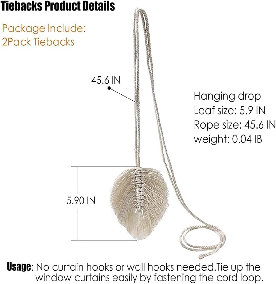 Curtain Holder - 2 Pieces - Curtain Tie Back - Curtain Tie Rope - Curtain Tie Back Hook - Curtain Ties - Beige - 116 cm Long โ image 2