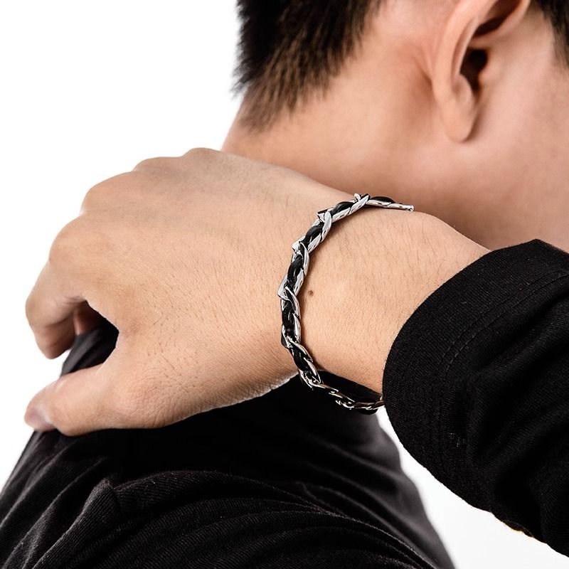 Men's Titanium Steel Bracelet(21cm)- Black and Silver-Tone Chain Link Wrist Accessory for Casual Wear and Gift Giving โ image 3