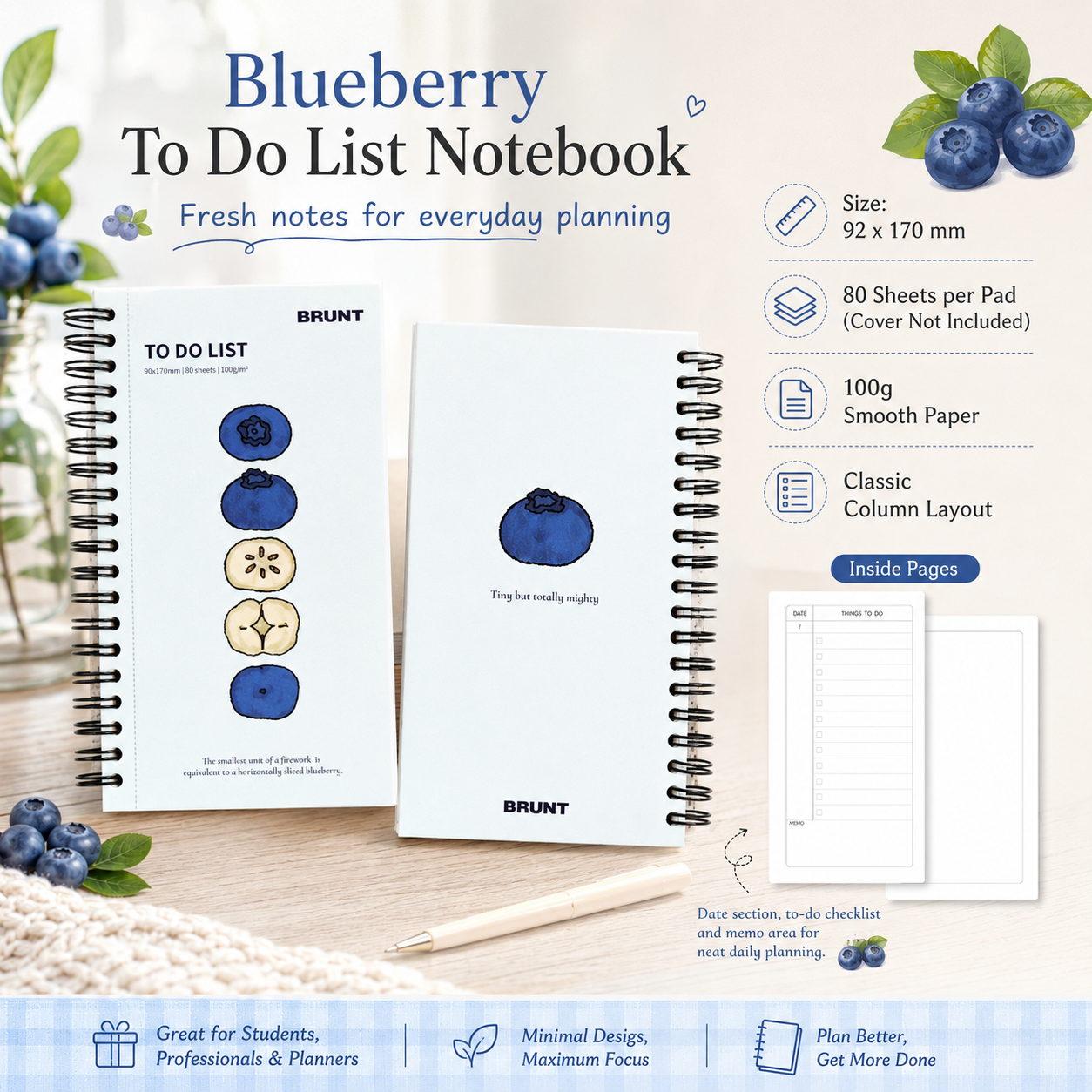 Fruit Series To Do List Notebook (Blueberry) – Spiral Bound Journal with Cute Fruit Cover, 80 Sheets, Portable Planner for Daily Notes, Study, Office and