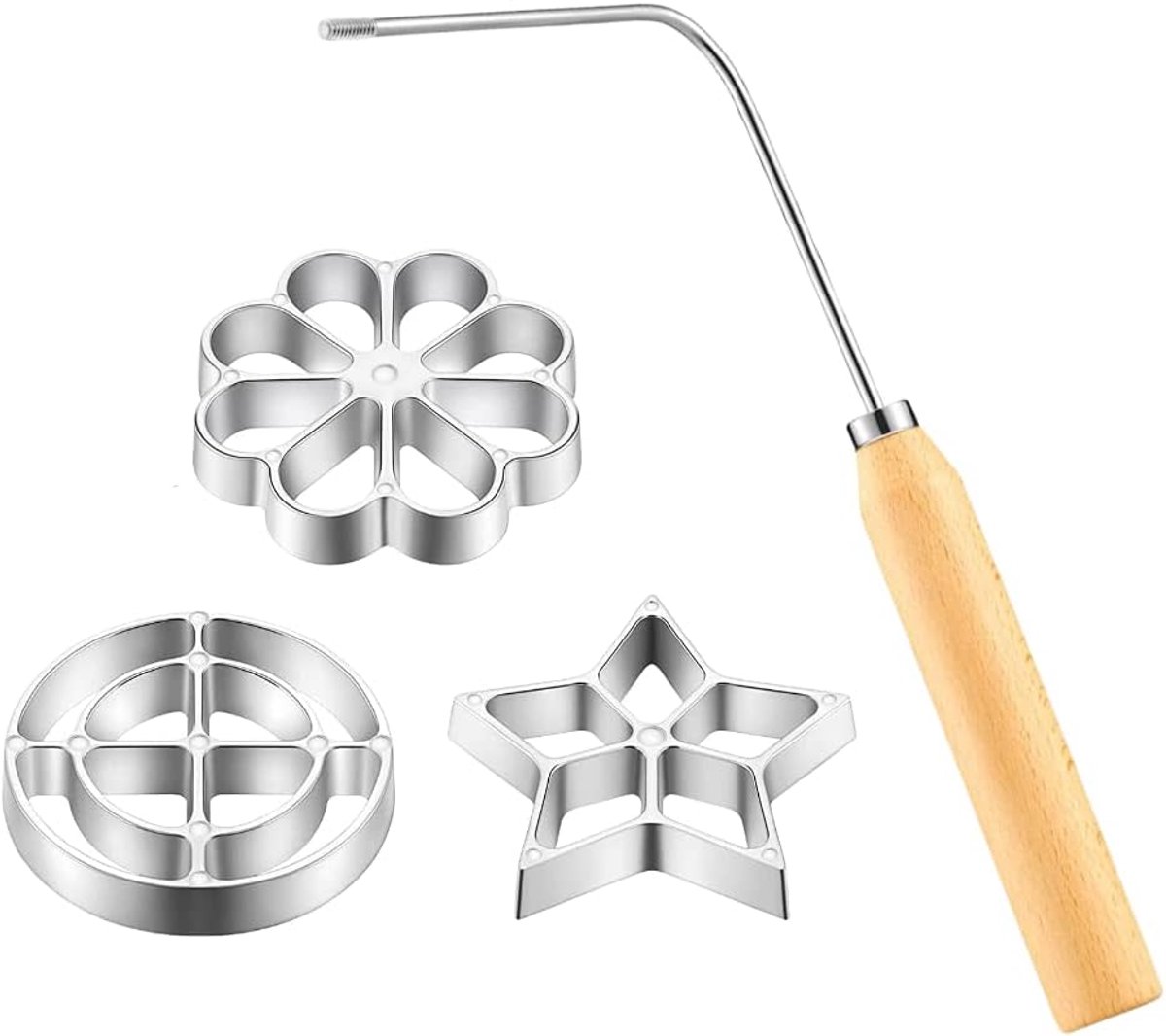 4-Piece Rosette Shaper Set - Cast Aluminum with Wooden Handle - For Coffee Cookies, Bunuelos & Funnel Cookies