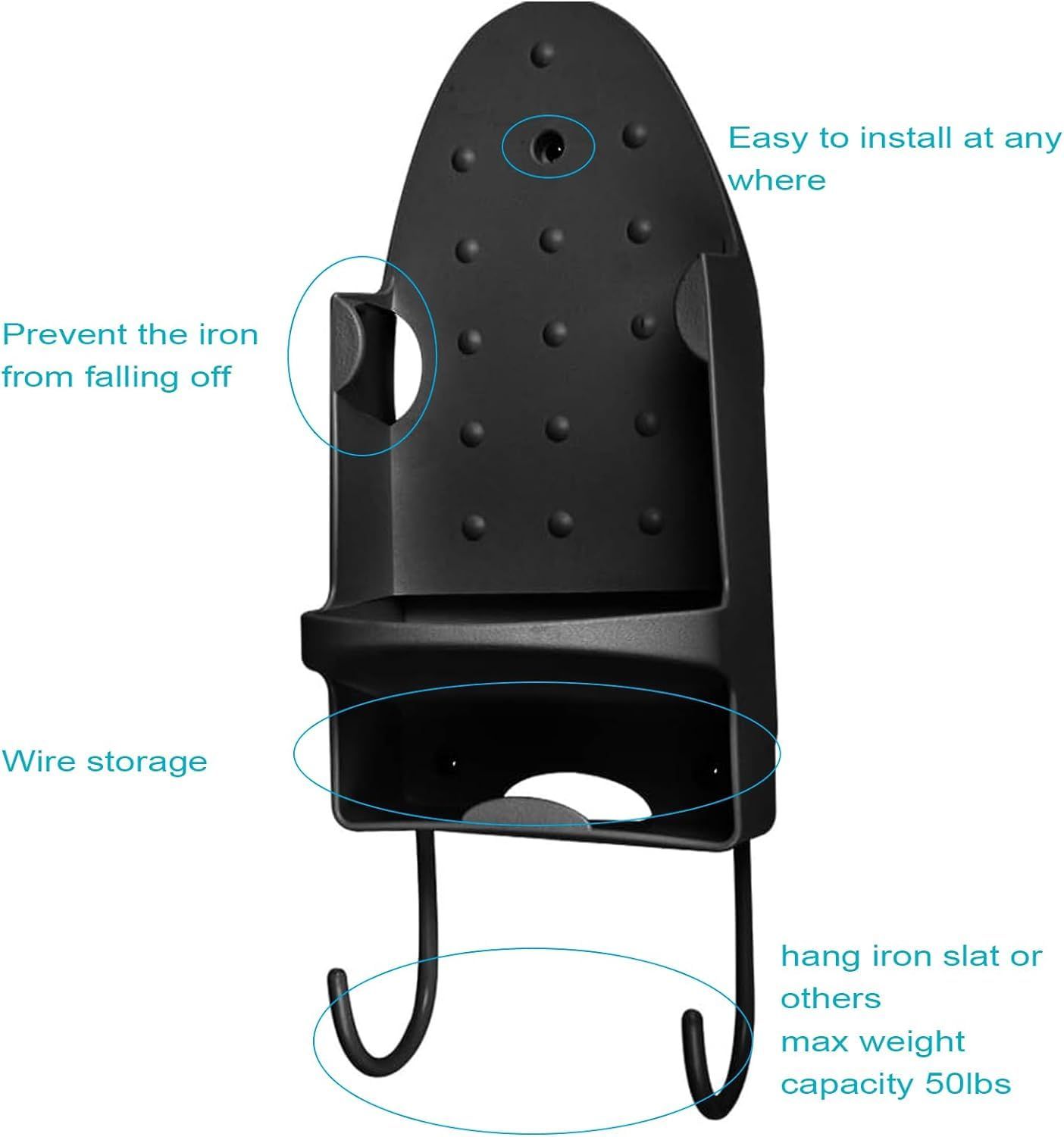 Ironing Board Hanger Wall Mount Electric Iron Holder Ironing Board Rack Household Bathroom Shelf - for Max 5 inch Width - Black — image 3