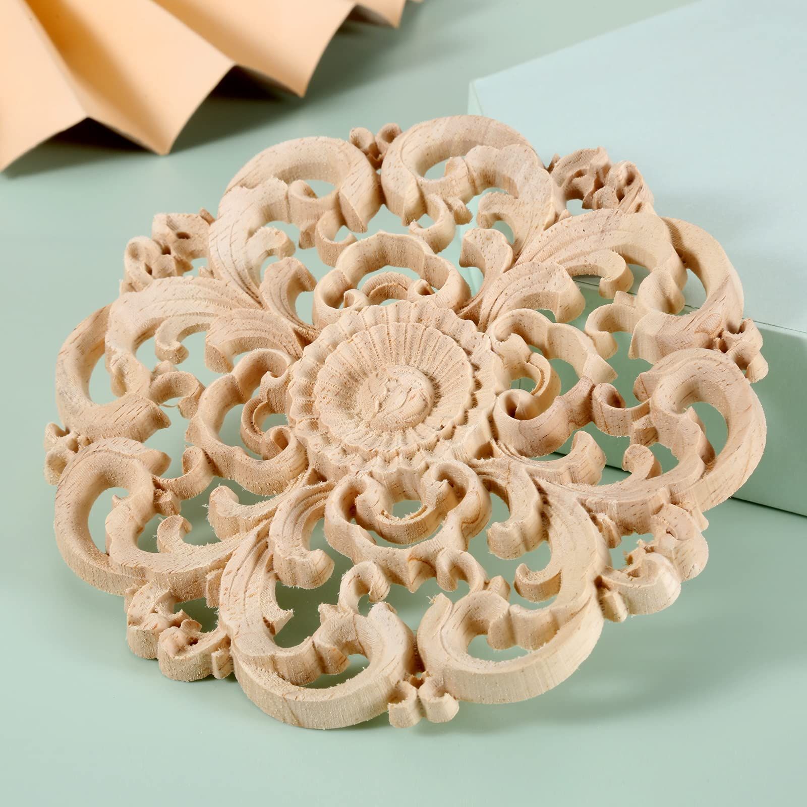 Round Wood Appliques Onlays, 1-Pack Unpainted Wooden Carved Flower Carvings Decals for Wall Cupboard Mirror Mantel Door Bed — image 3