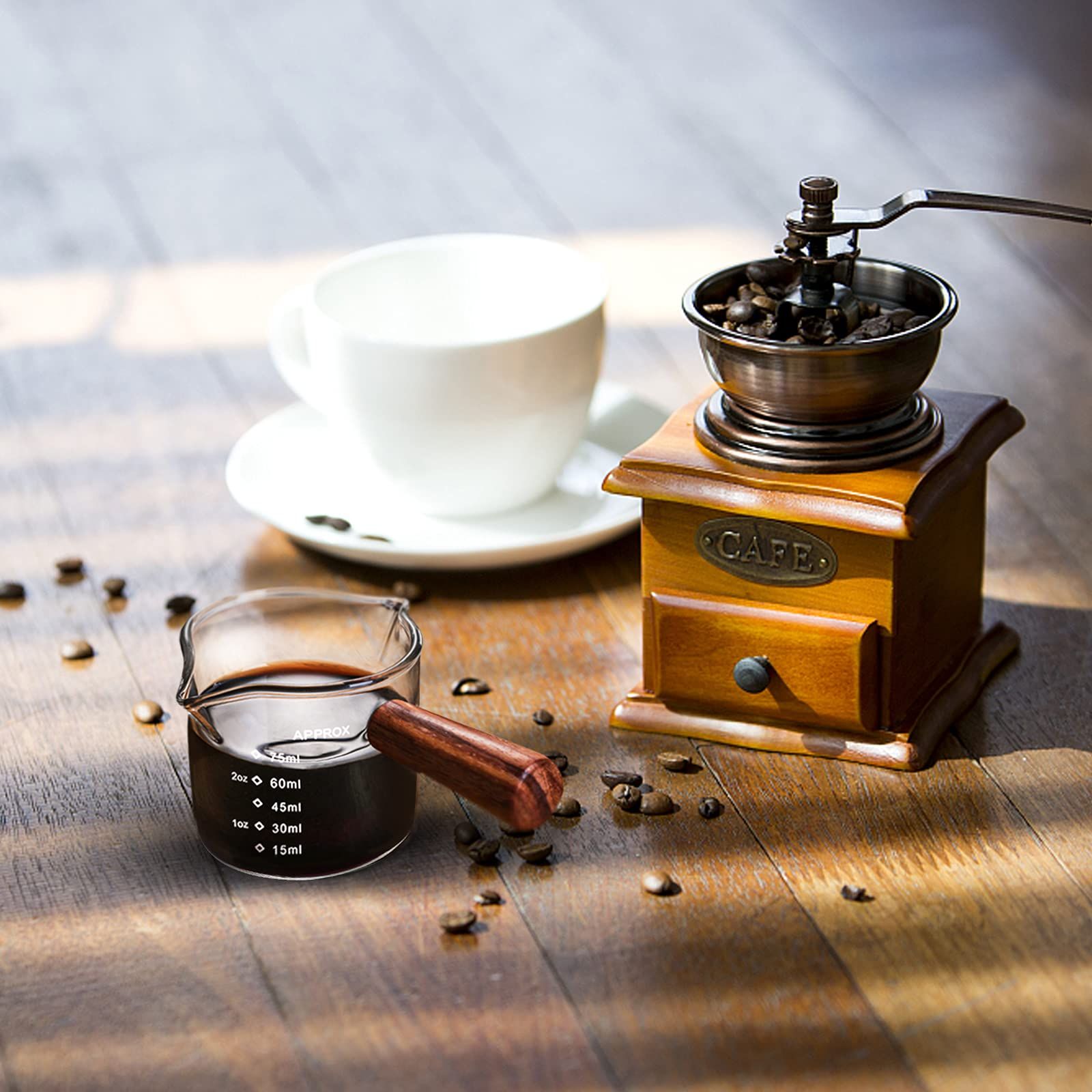 2 Pack Double Spouts Measuring Cup with Wooden Handle, Milk Cup 75ML, Espresso Shot Glasses Triple Pitcher Barista Double Spouts — image 5