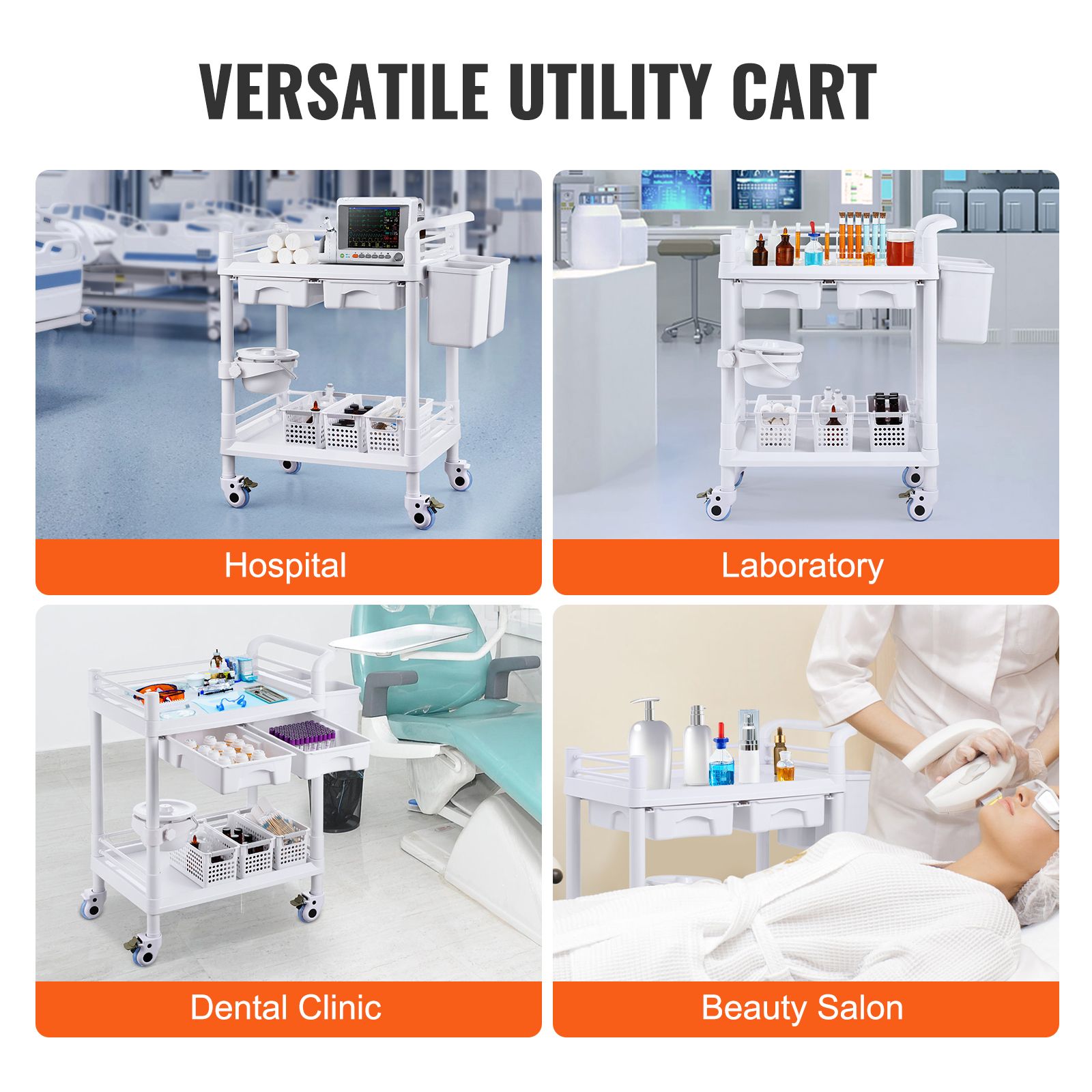 2 Tiers Lab Carts, Lab Utility Cart with 2 Trays, 2 Drawers & 4 Silent Wheels, Mobile Medical Cart with PP Material, Lab Rolling Cart with 3 Trash Cans for — image 6