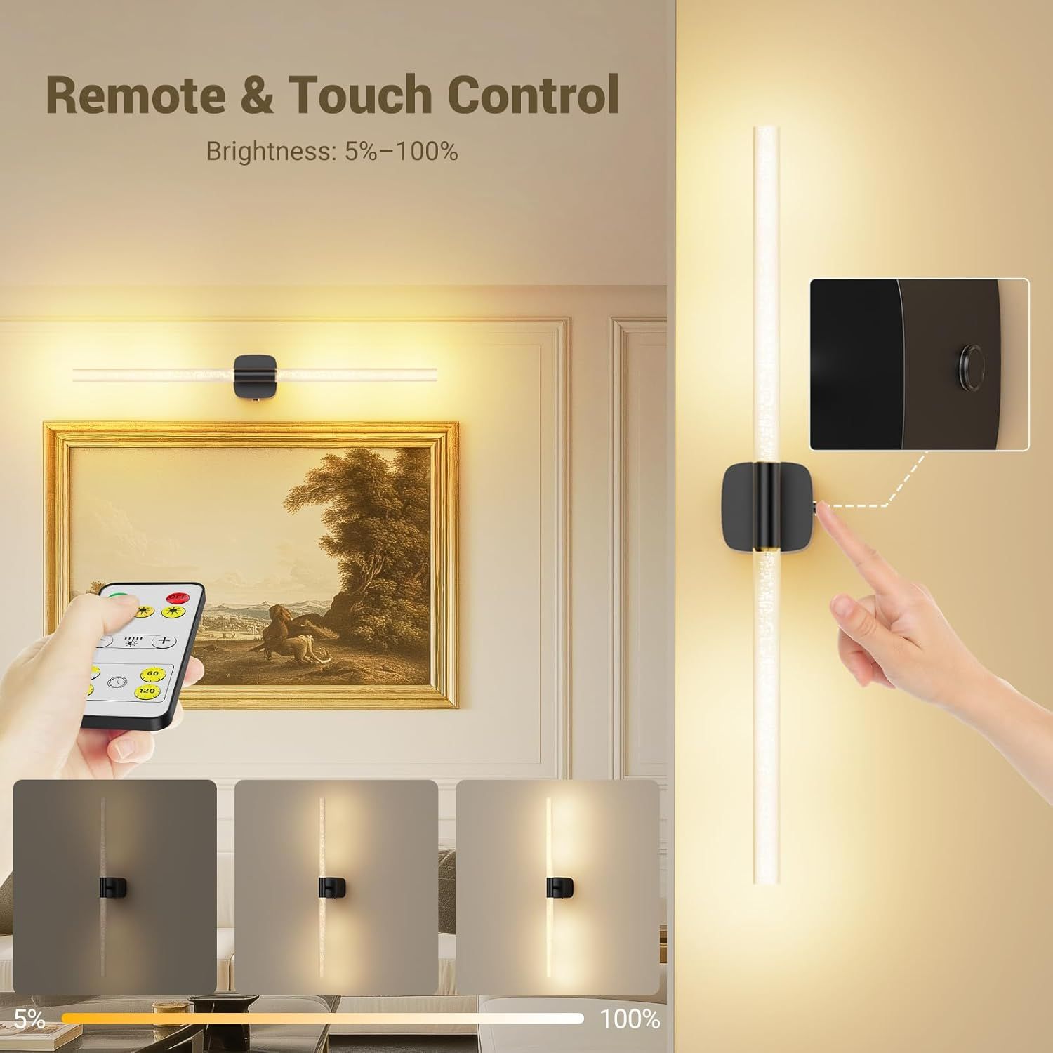 Black Battery Operated Wall Sconce Set of 2, Rechargeable Wireless Wall Lights with Remote and Touch, 360° Rotatable Sconces Wall Decor for Bedroom Living Room — image 4