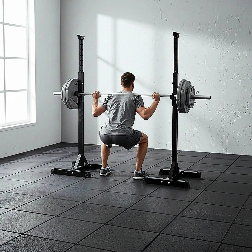 Adjustable Squat Rack Pair Steel Barbell Bench Press Stands Gym Home — image 5