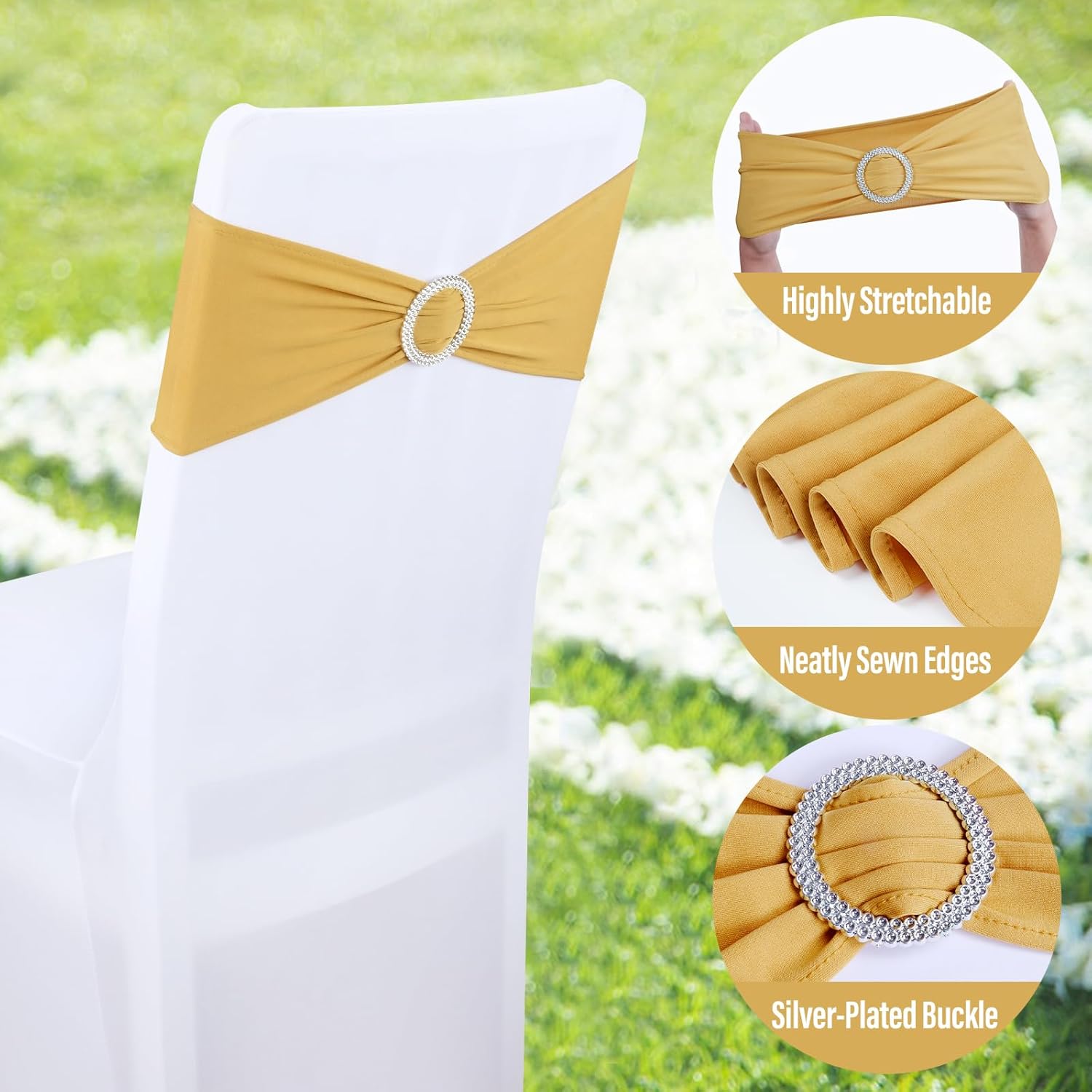 Gold Spandex Chair Sashes - 30pc Premium Stretch Chair Bows with Sliders for Wedding Party Banquet Decoration โ image 6