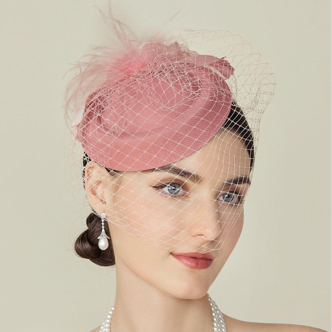Female headwear accessories, bridal hat, veil, evening gown, hair accessories, retro mesh hat, theme party, headdress nude pink — image 5