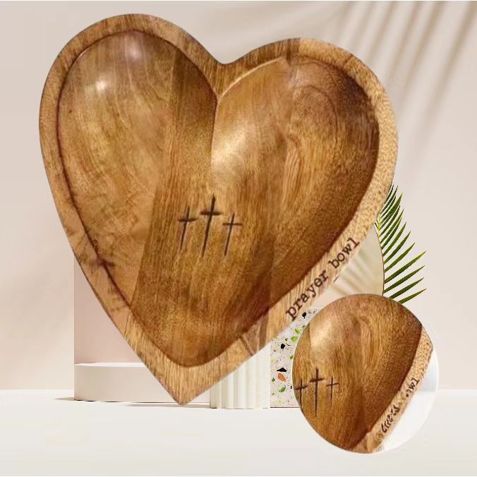 Handcrafted Heart Shaped Wooden Prayer Bowl with Prayer Cards and Raffia Natural Wood Grain Spiritual Gift for Home — image 5