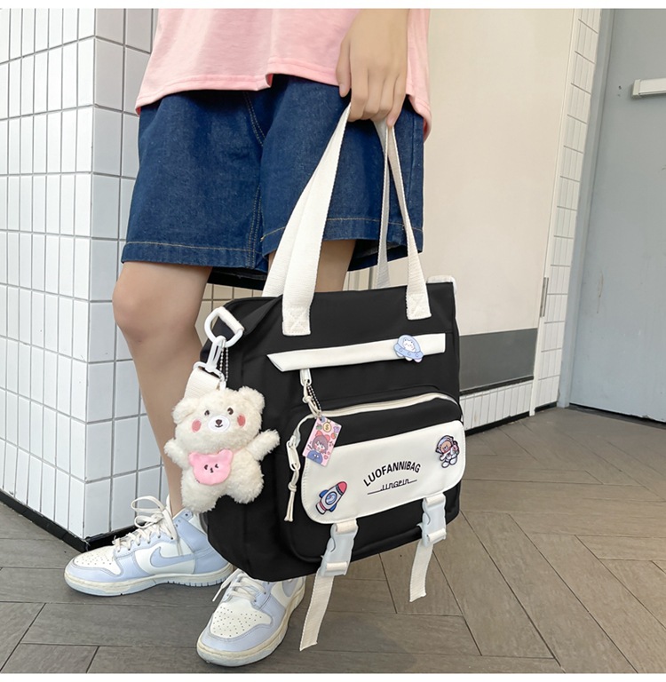 Women's Kawaii Pink Shoulder Bag with Cute Bear Plush Charm and 4 Badges Large Capacity Nylon Tote School Handbag — image 2