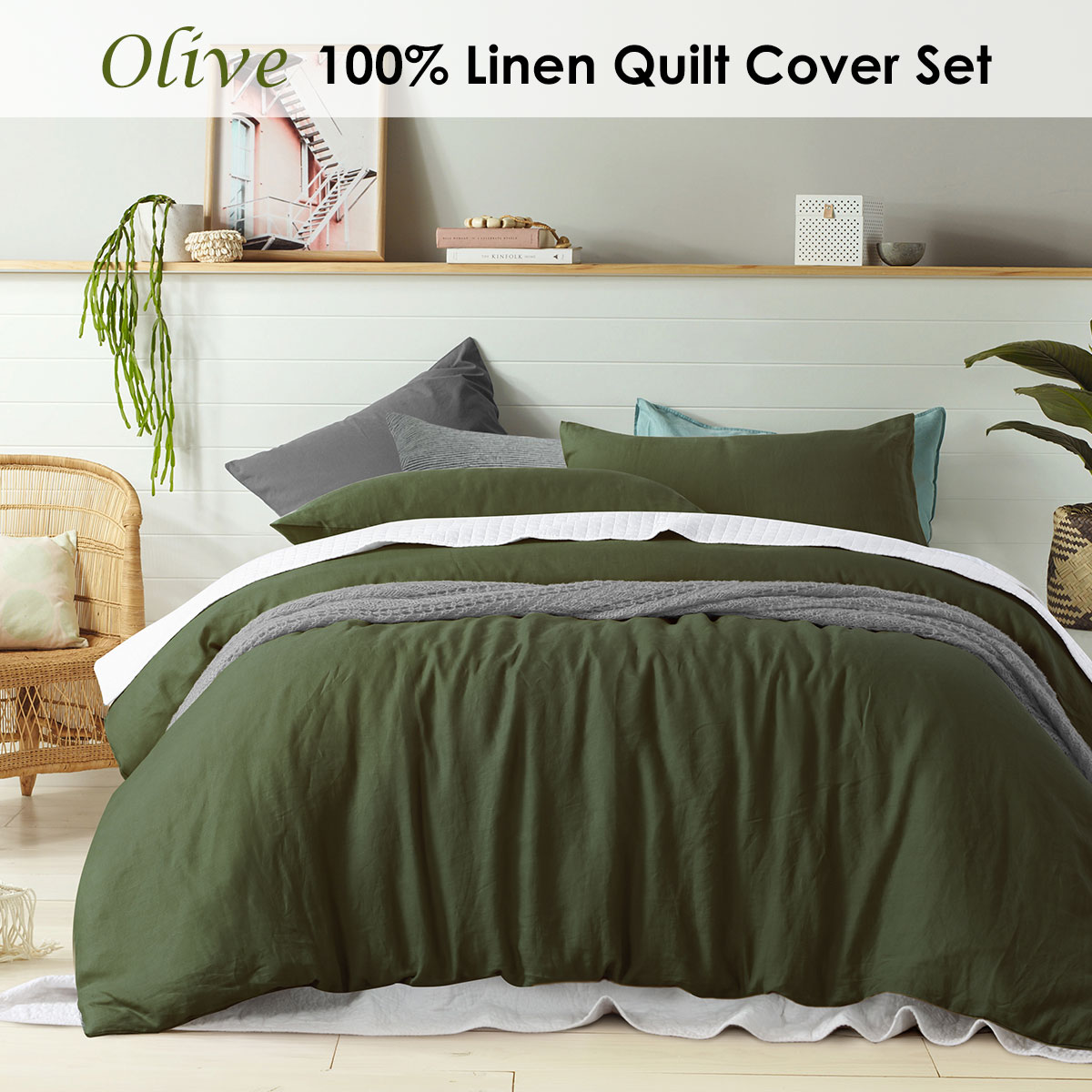 100% Linen Olive Quilt Cover Set Super King — image 2