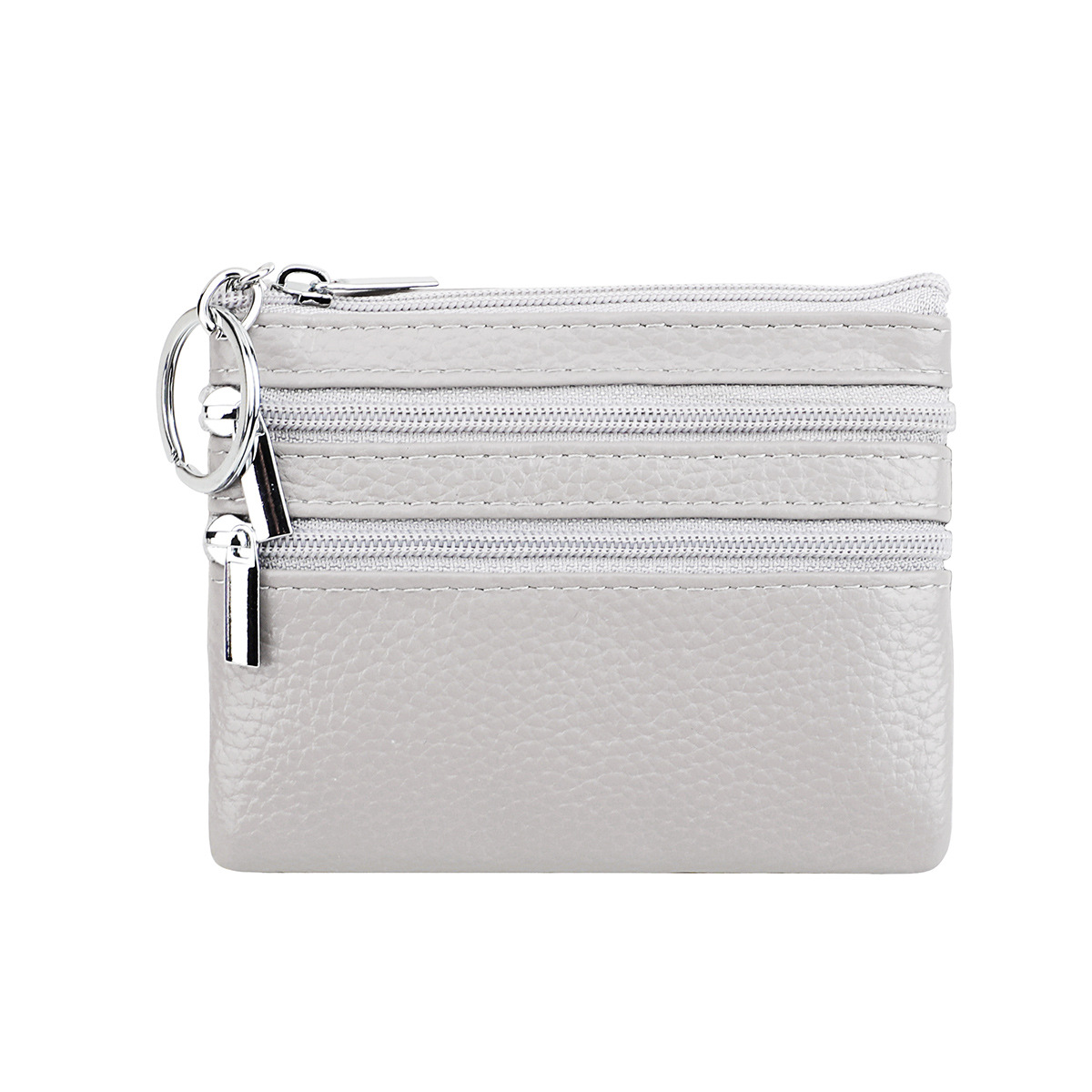 Genuine Leather Coin Purse Mini Wallet with Triple Zipper Pockets Key Ring Holder Pouch for Cash & Cards - Medium Gray