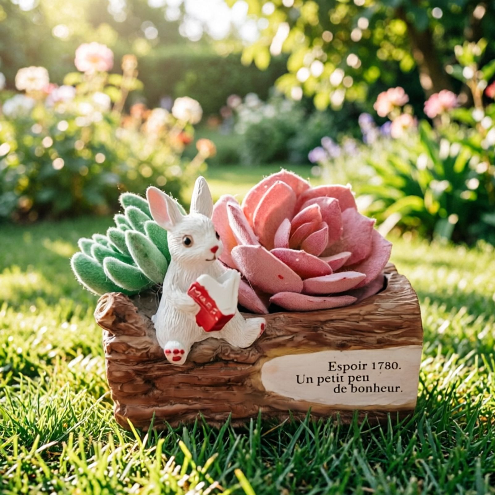 Whimsical Resin Bunny Planter - Cute Rabbit with Book on Tree Stump Design, Mini Succulent Pot for Indoor & Outdoor Garden Decor — image 3