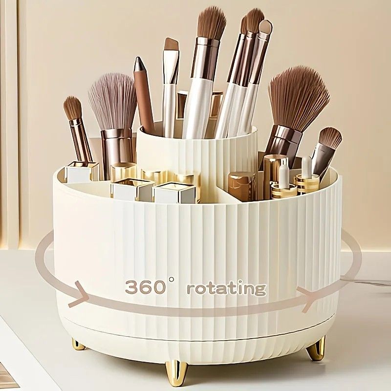 ✨ 360° Rotating Multi-Purpose Organizer | Multi-Layer Compartments & Non-Slip Base | Thickened Stripe Design, Perfect for Makeup, Desk & Car Storage/white