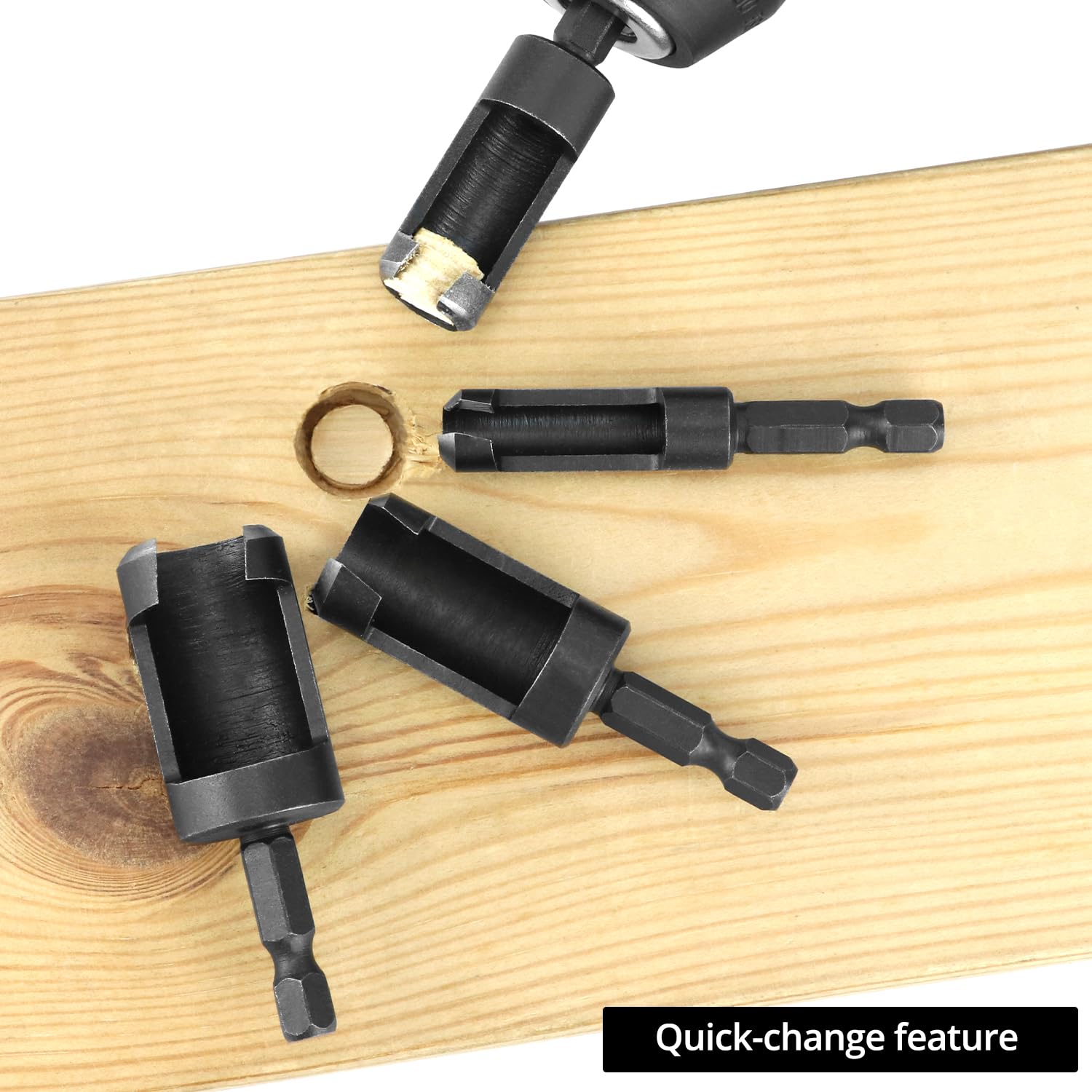 Wood Plug Cutter Drill Bit Set, 8Pcs, Includes 1/4", 5/16", 3/8", 1/2" Sizes, 1/4 Inch Hex Shank — image 4