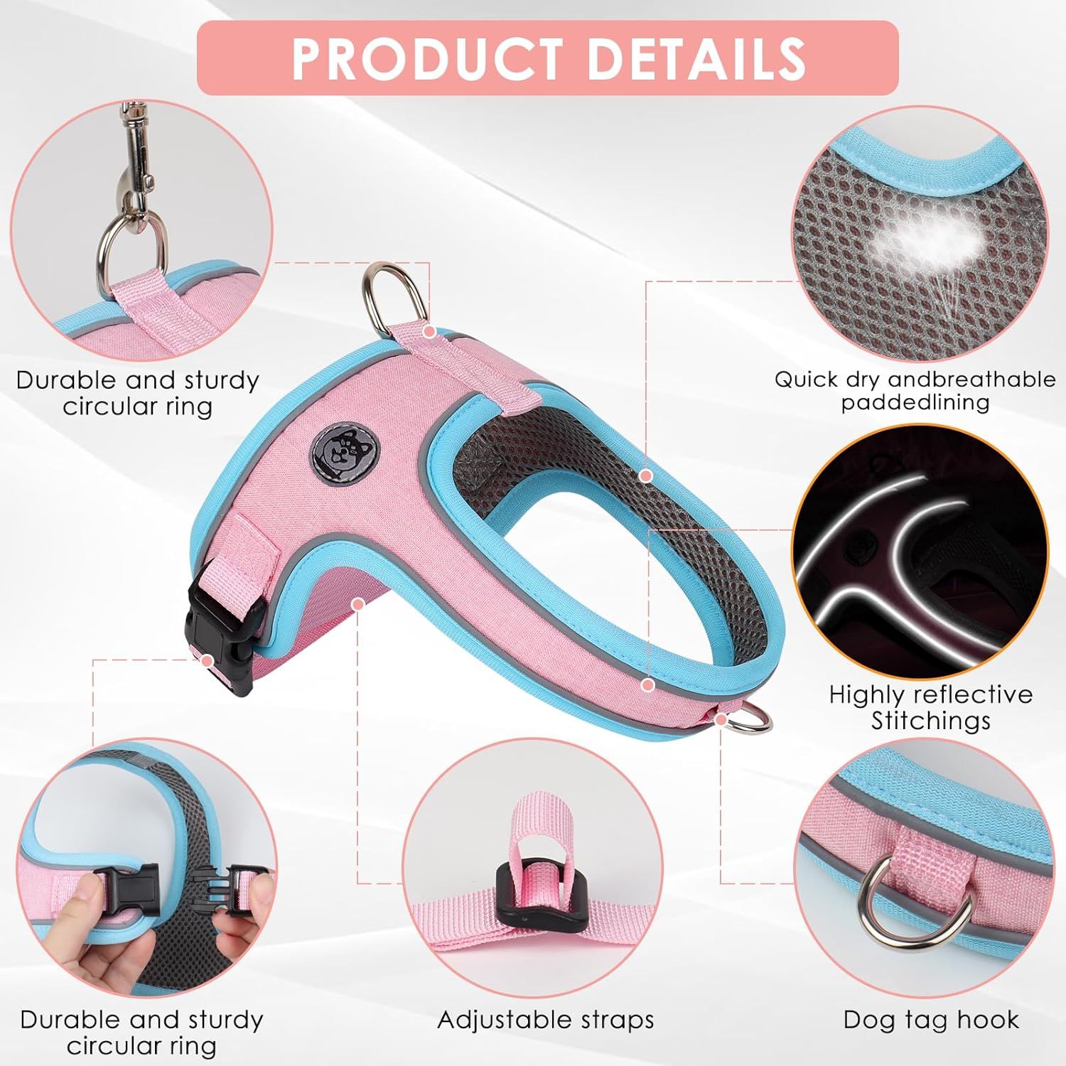 XS Size Pink Waterproof Reflective Saddle-Style Dog Harness & 1.5M Leash Set - Breathable Anti-Choke Escape-Proof Step-In Walking Gear โ image 3