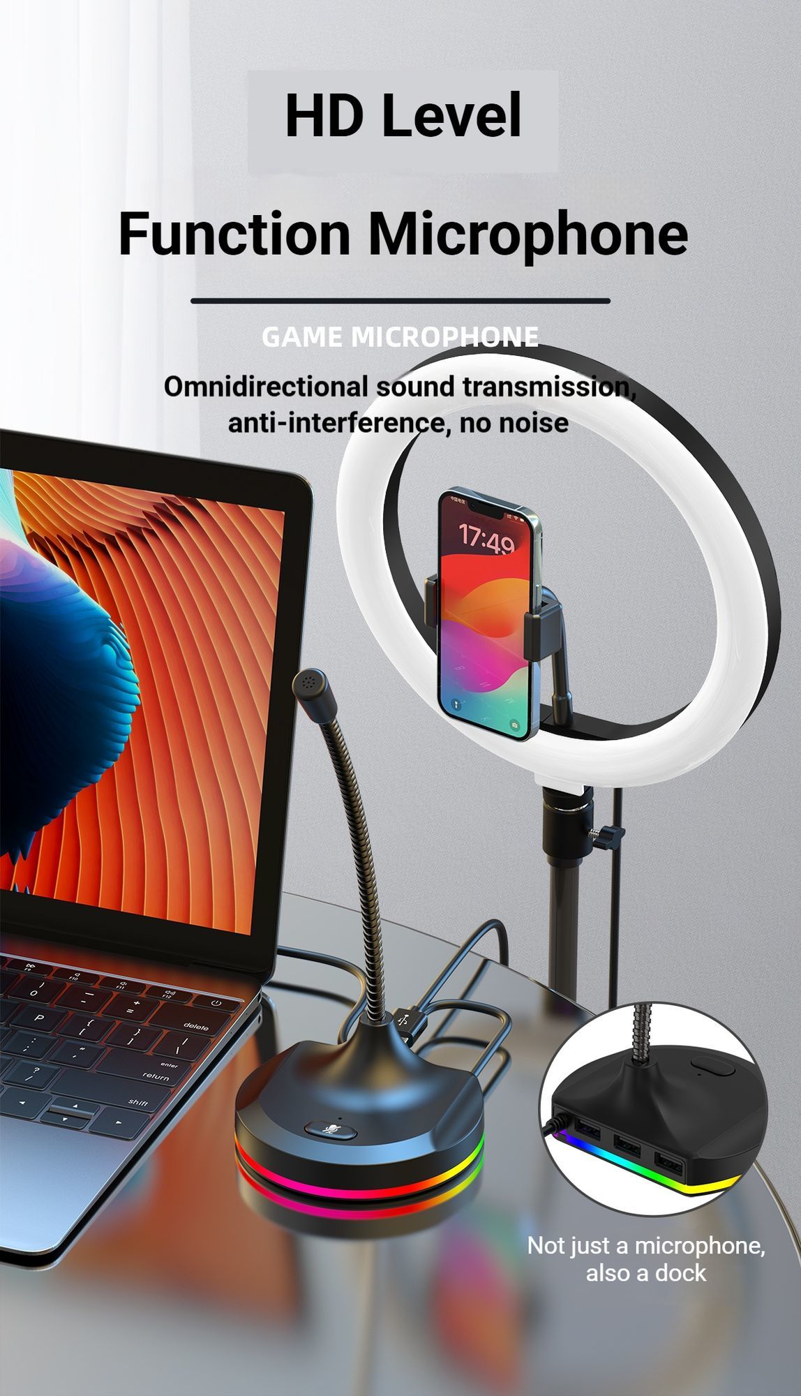 RGB Desktop Microphone 3 USB HUB Model Black โ image 3