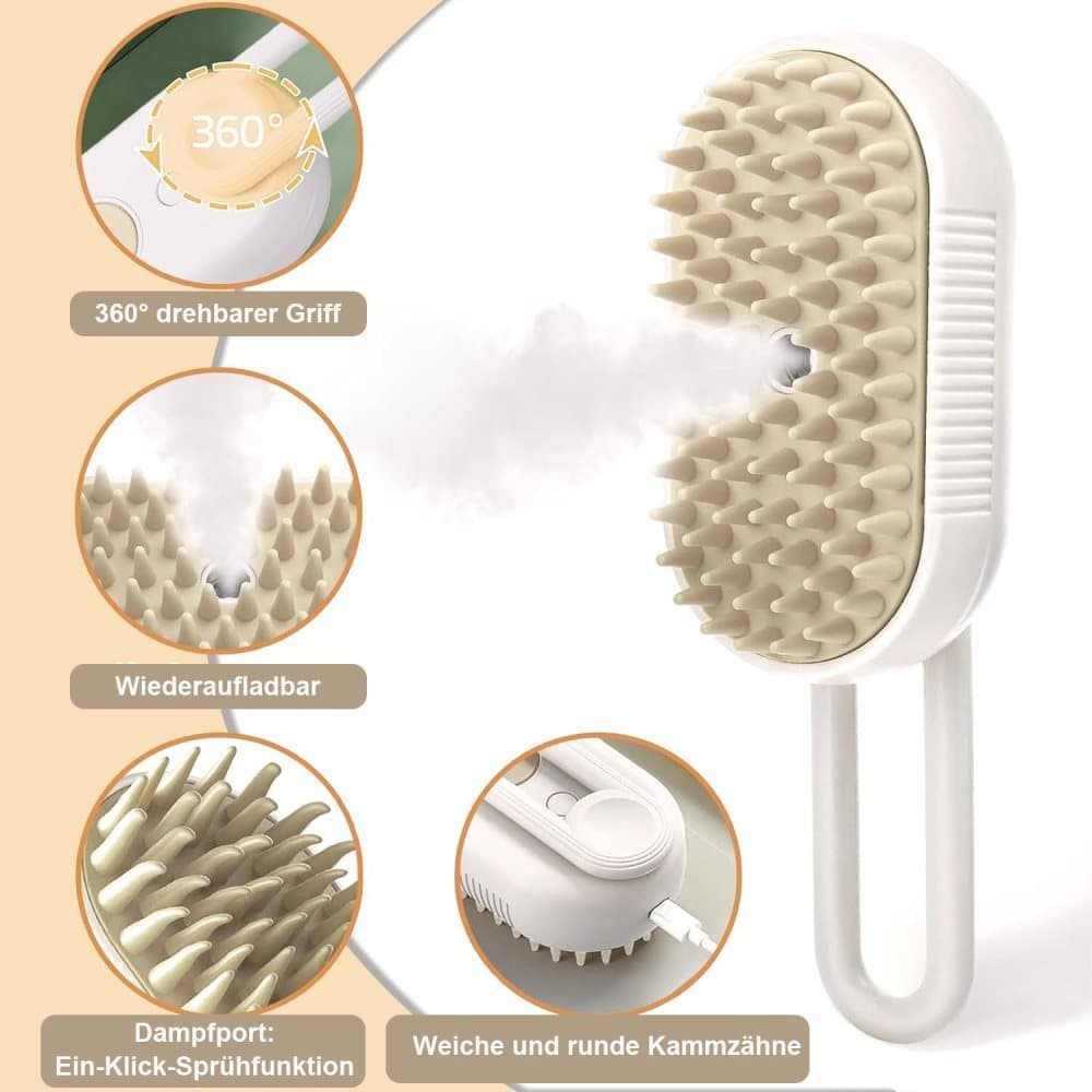 Pet Steam Brush with Spray and Massage Comb for Cats and Dogs, White — image 6