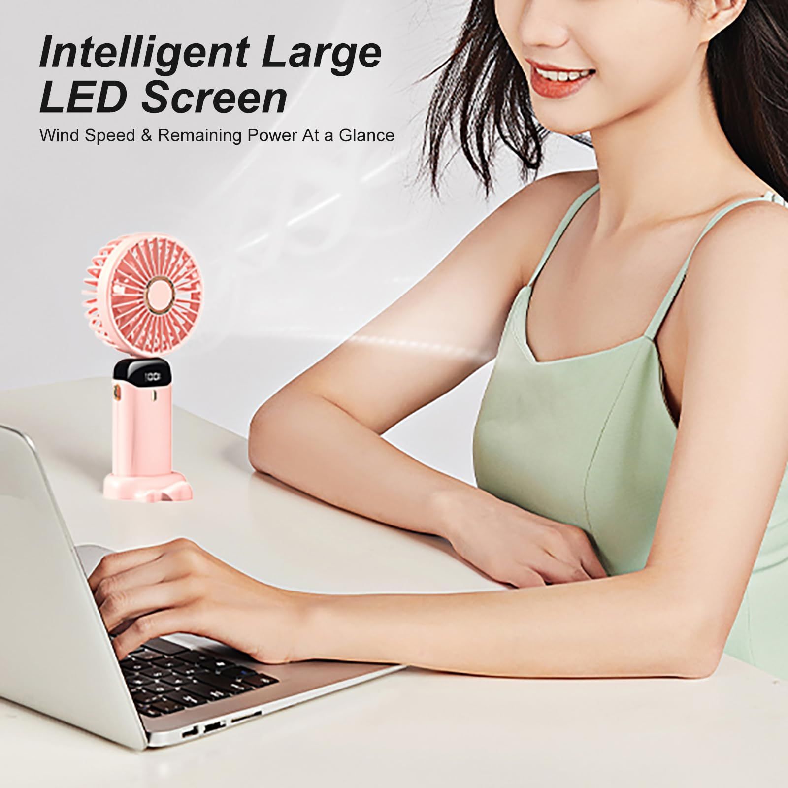 Portable Handheld Fan, Type-C Rechargeable, 1200mAh Battery Operated Fan with LED Display, 90° Foldable — image 3