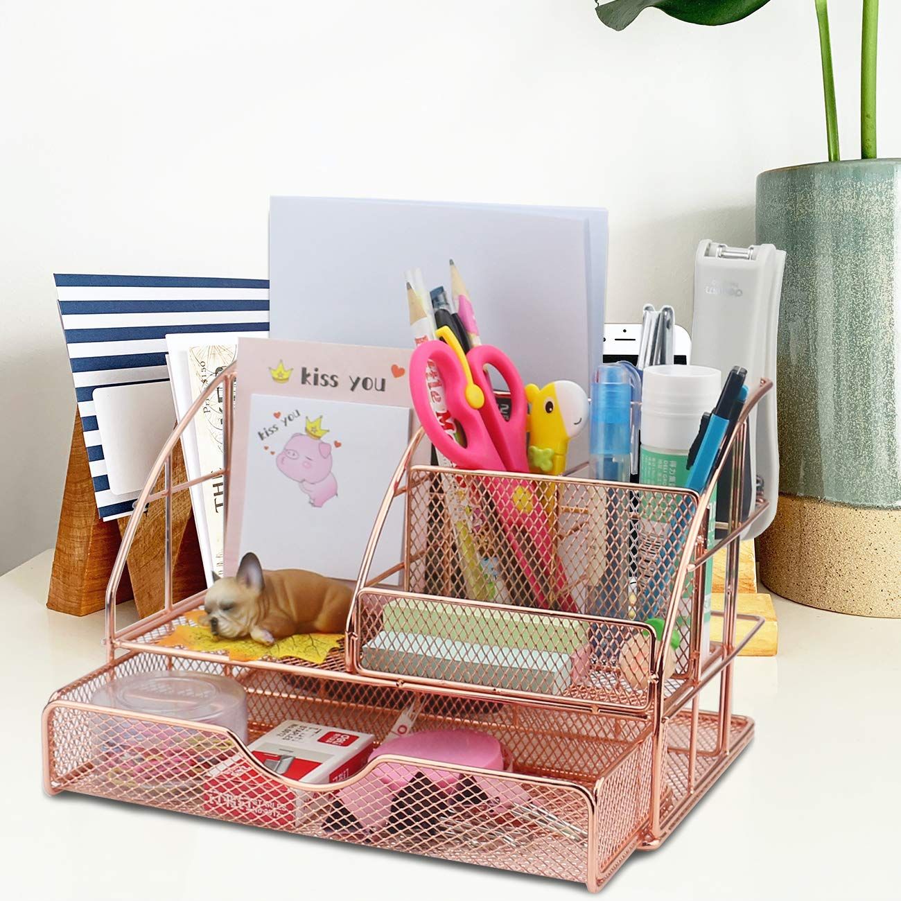 Cute Mesh Office Supplies Accessories Essentials Caddy with Drawer for Home & Office Desktop Organization — image 3