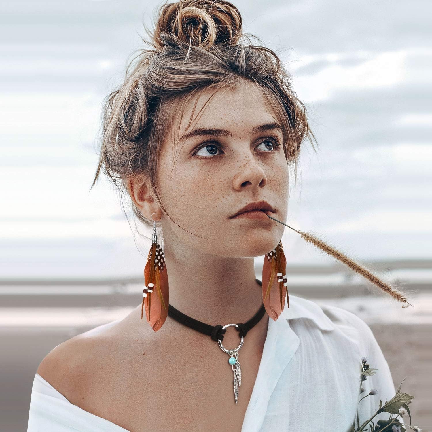 2 Sets Native American Jewelry Set for Women 2 Pieces Faux Suede Choker Necklace Faux Leather Choker and 2 Pairs Bohemian Artificial Feather Earrings Boho โ image 3