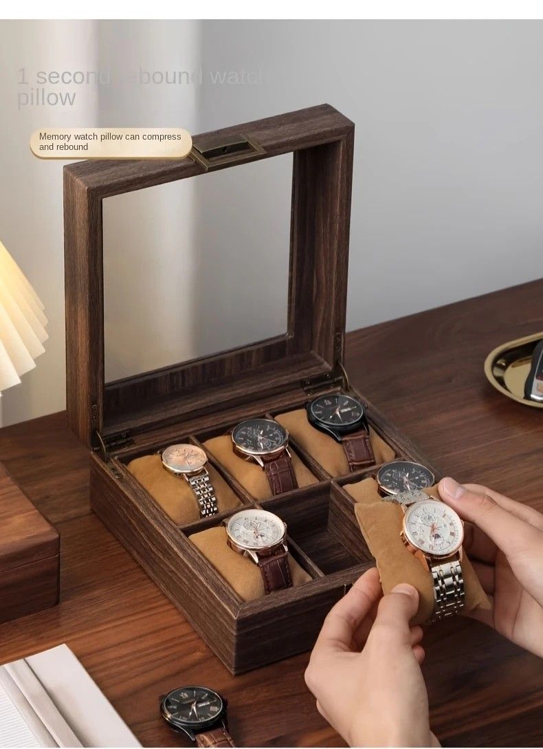 Wood Grain Faux Leather Watch Storage Box - 6-Compartment Dustproof Display Case, Soft Lined Interior, Hinged Flip-Top Lid, Suitable for Home and Retail Use โ image 2