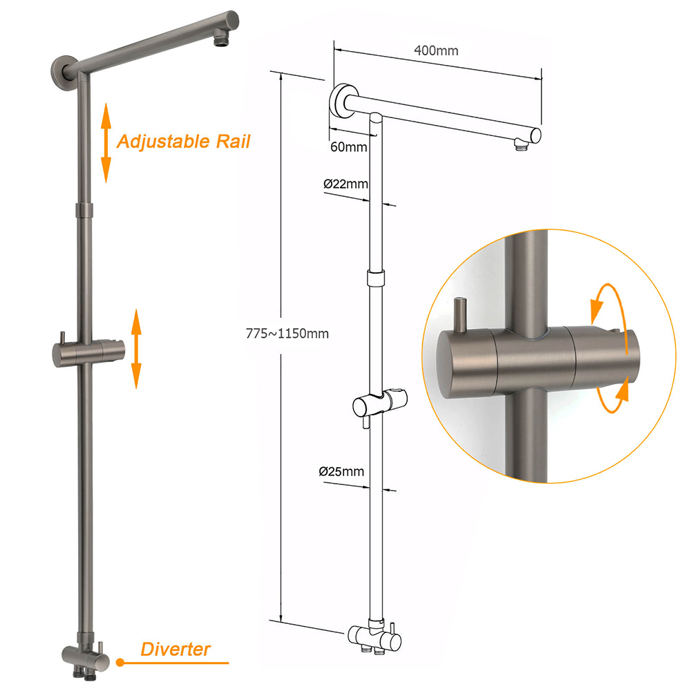 WELS Gun Metal 2in1 Round Shower 10" Rain Head Single Mode Handheld Sliding Rail Twin Taps Set โ image 3