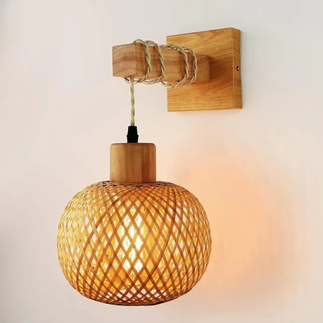 Bamboo wall lamp with lantern shape hand-woven lampshade, E26 lamp base, compatible with bedrooms and living rooms — image 5