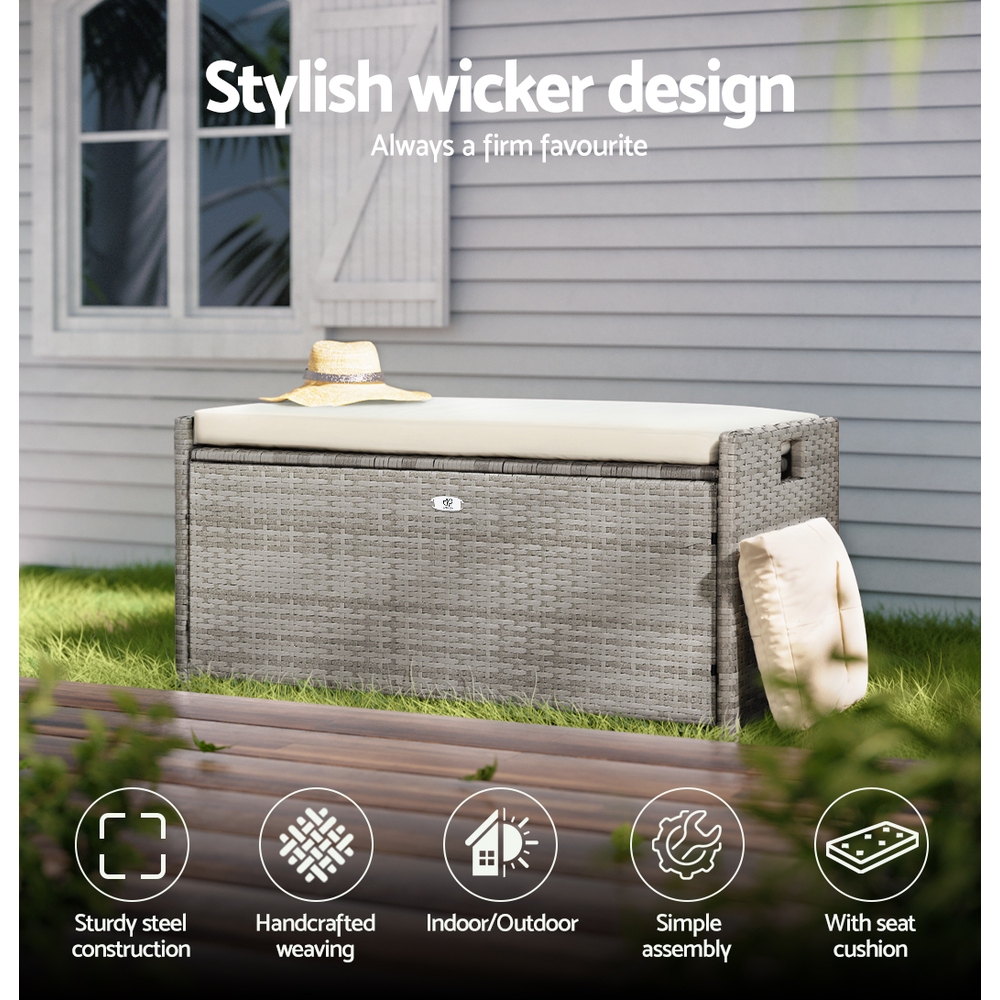 Gardeon Outdoor Storage Bench Box Wicker Garden Sheds Tools Cushion Patio Furniture Grey โ image 4