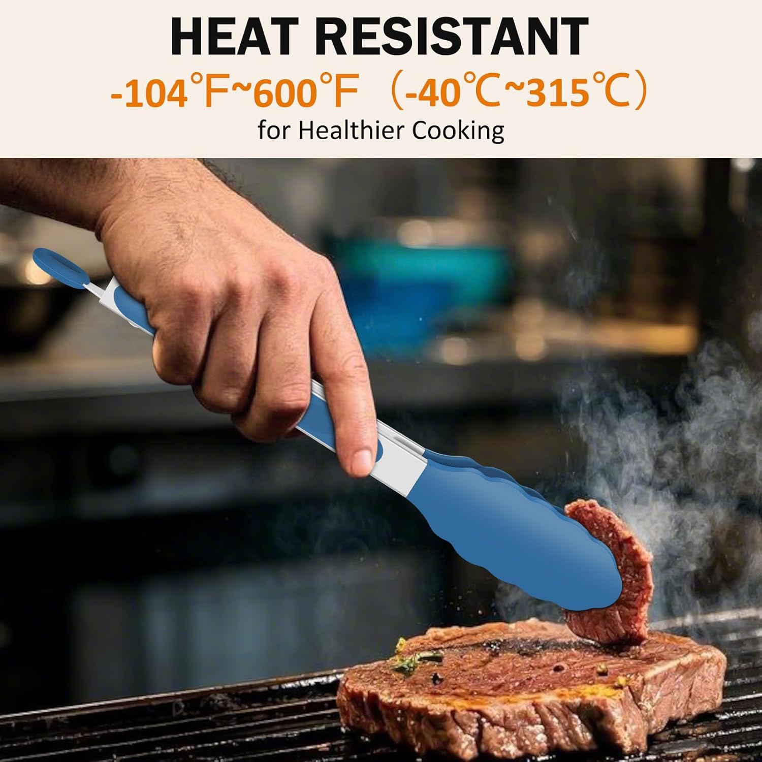 Tongs for Cooking, 600ºF High Heat-Resistant Stainless Steel Kitchen Tongs with Silicone Tips, Non Scratch, Locking Tong for BBQ Grilling Air Fryer Food — image 2